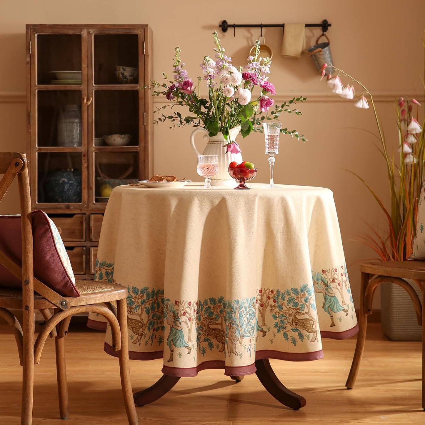 patdrea Designer Small Beige Tablecloth for Round Table,Vintage Anti-Wrinkle French Linen Tree Pattern Table Cloth,Decor Cover for Kitchen Dining Christmas,Thanksgiving,Diameter 55"-Tatiana D