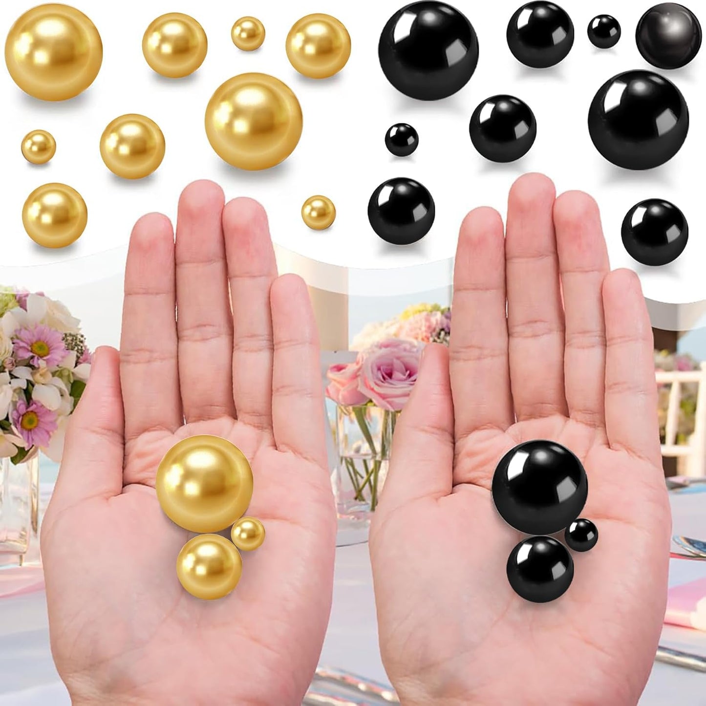 150Pcs Black&Gold Polished No Hole Faux Pearl Beads for Vase Filling Decorations, Plastic Pearls Vase Fillers, Table Scatters, Wedding Centerpiece, Home Decor, 8/14/20 mm