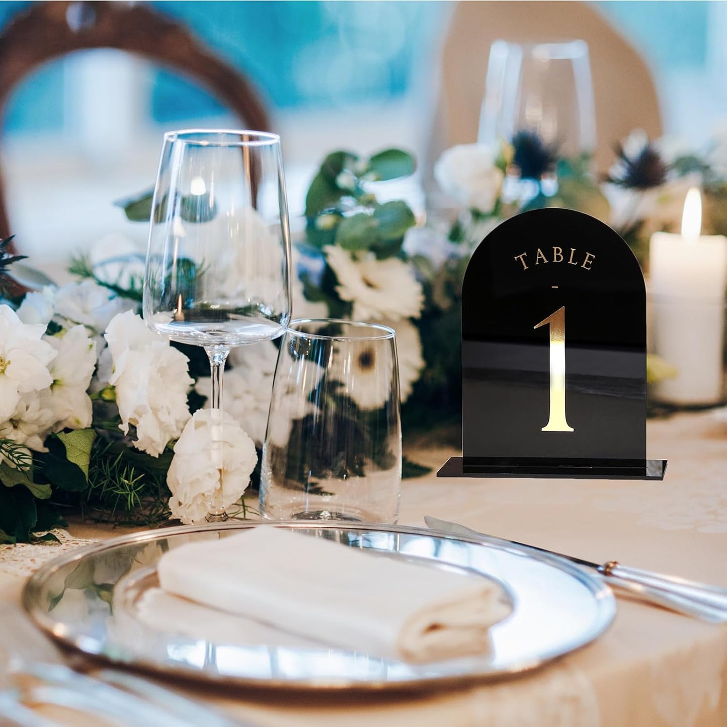 UNIQOOO Black Arch Wedding Table Numbers with Stands 1-20, Gold Foil Printed 5x7 Double Sided Acrylic Signs and Holders, Perfect for Centerpiece, Reception, Decoration, Party, Anniversary, Event