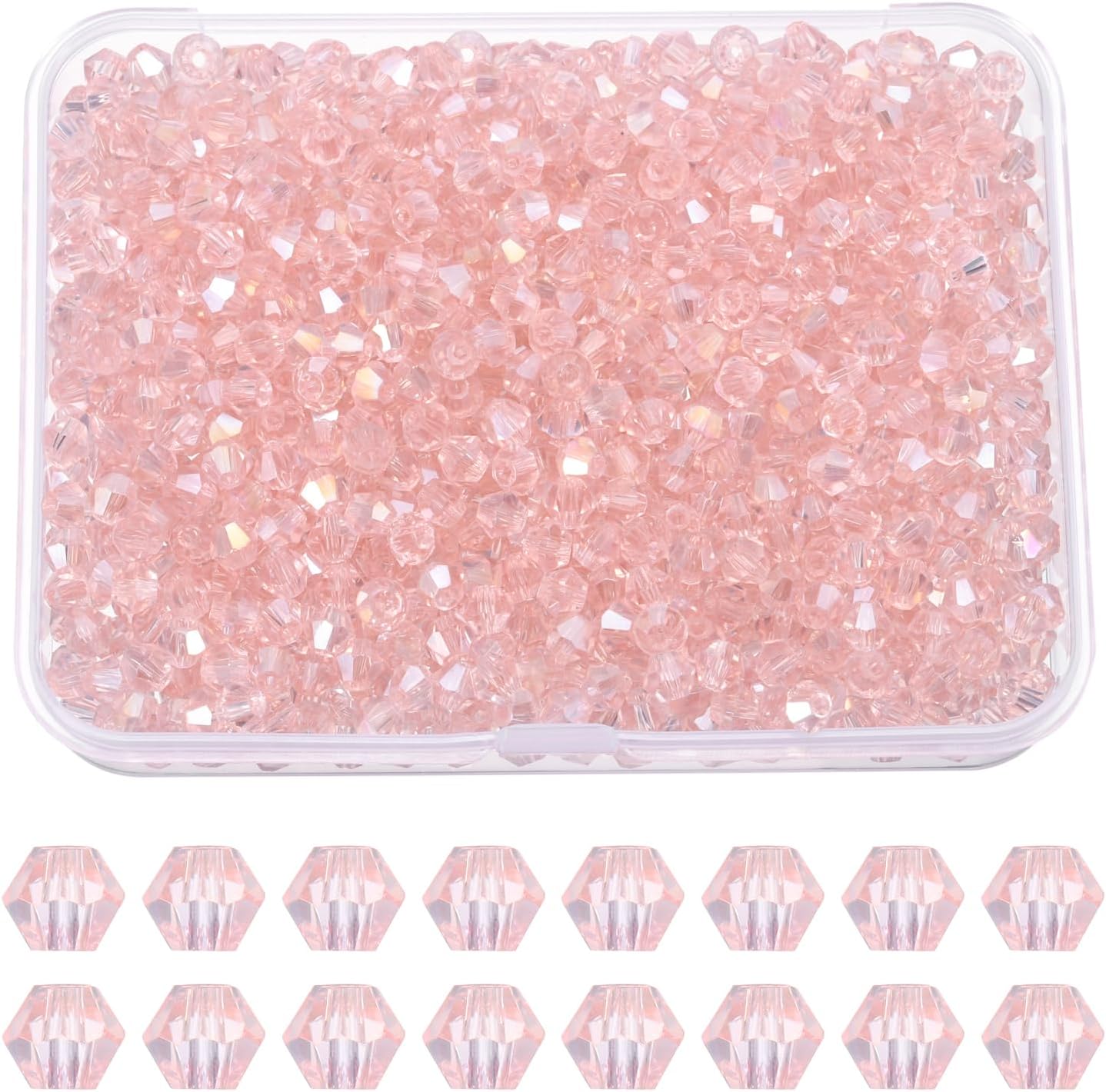 PATIKIL 1000pcs 4mm Bicone Glass Crystal Beads, Faceted Glass Spacer Beads with Box for Jewelry Making Bracelet Necklace Earrings DIY Suncatcher Craft, Pink AB