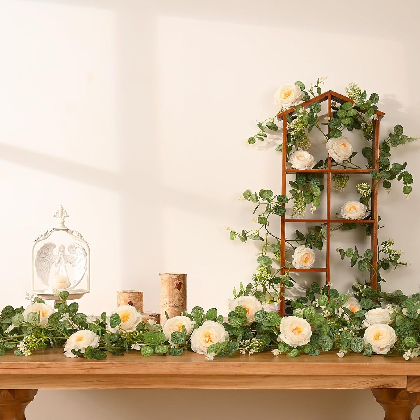 Dolicer 4Pcs 26Ft Artificial Eucalyptus Garlands with Flowers, Faux Floral Greenery Garlands Fake Flowers Vines for Wedding Centerpieces Arch Party Ceremony Backdrop Decor (Champagne)