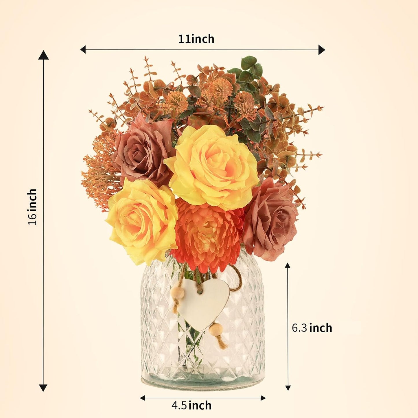 Artificial Fall Flowers in Vase, Yellow Silk Rose with Eucalyptus, Faux Plant Floral Centerpiece for Home Office Dining Table Decor, Fake Hanksgiving Wedding Living Room Farmhouse Autumn Decorations