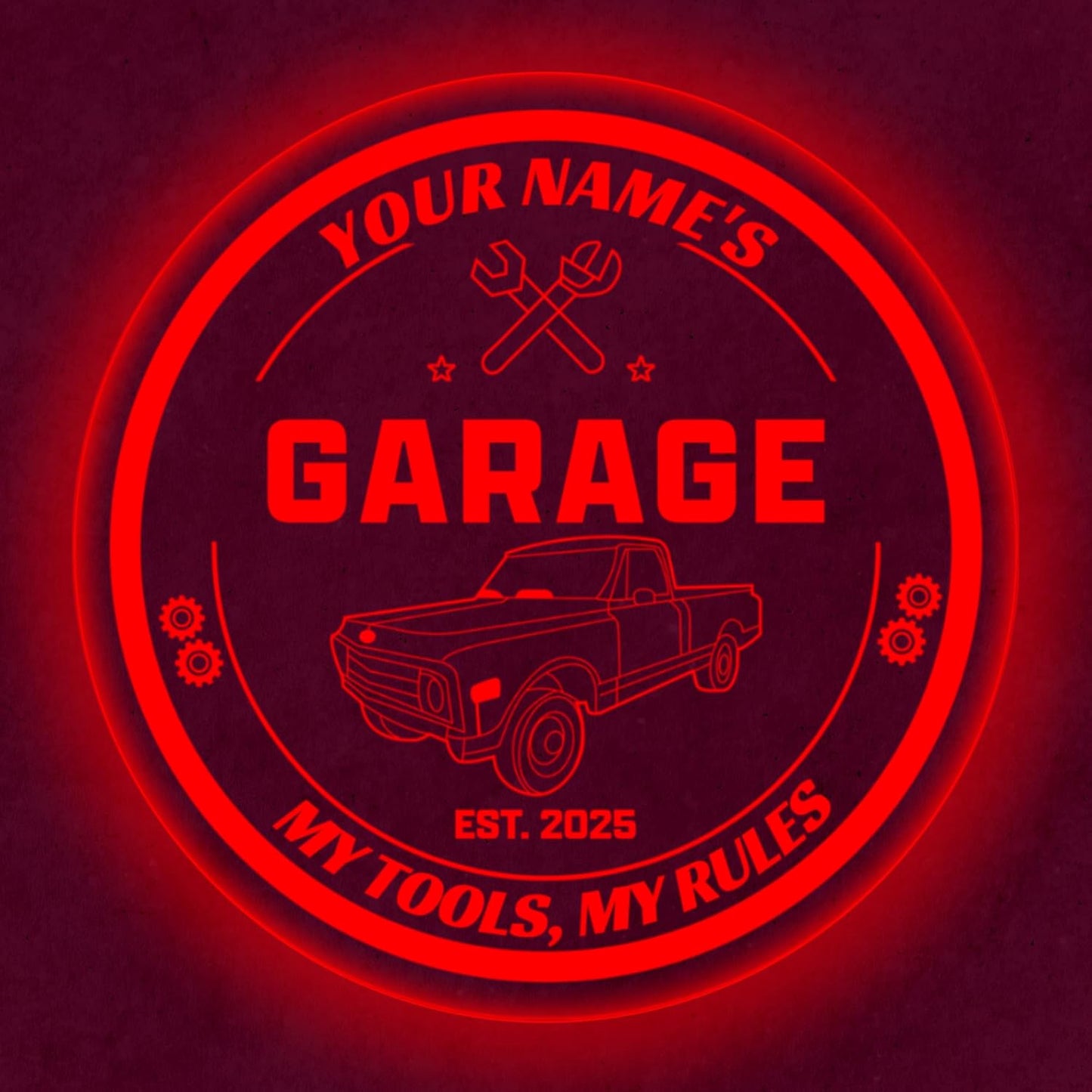 Custom Pickup Truck Garage Sign – Personalized LED Color Changing Acrylic Wall Decor for Garage, Workshop, or Man Cave (Garage 1, 16 INCHES)