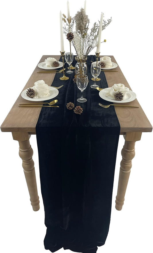 Velvet Table Runner, 10ft Luxurious Wedding Reception Decorations Soft Velvet Fabric Table Linen Overlay for Party (20 x 120 inch, Black)
