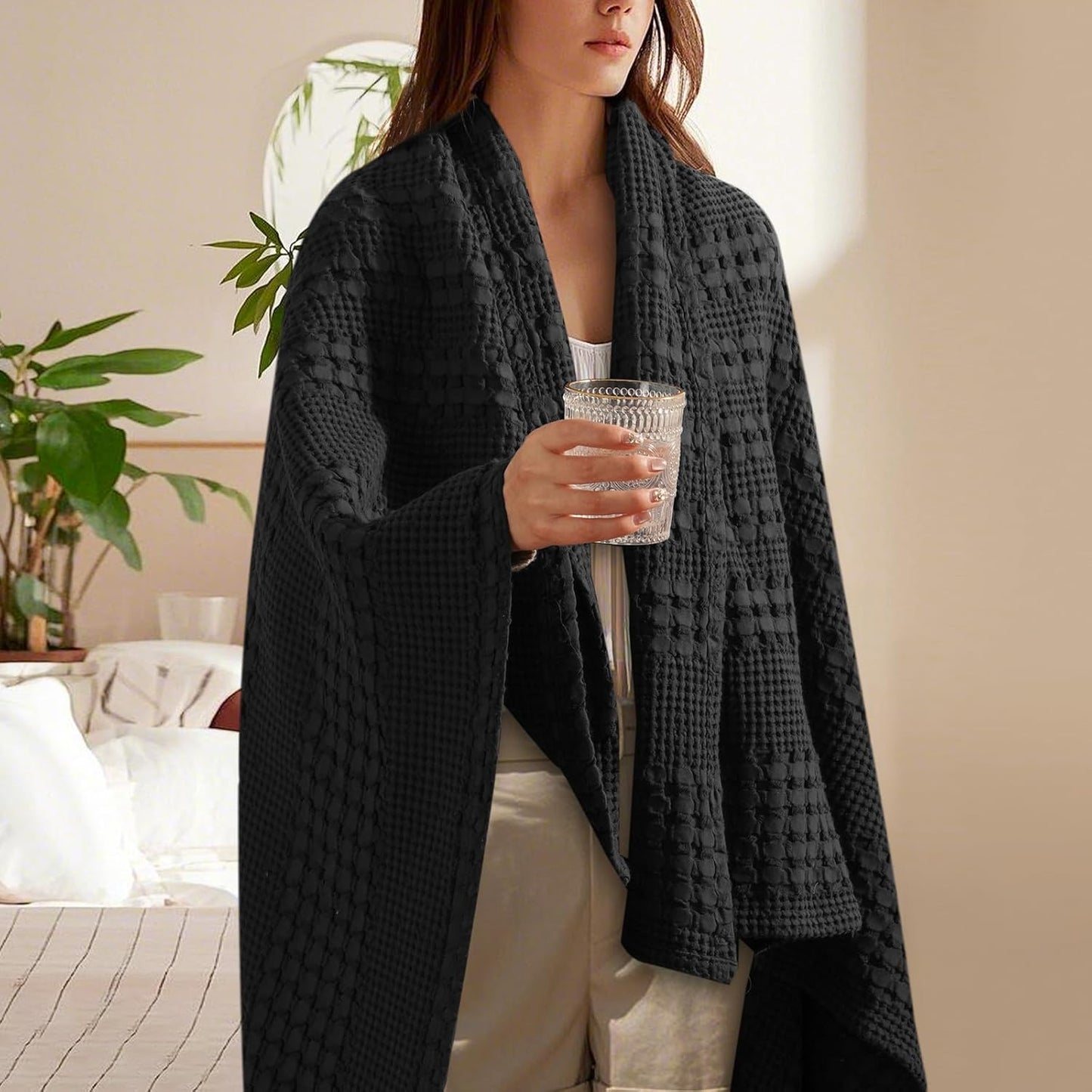 PHF 100% Cotton Waffle Weave Throw Blanket, Soft Lightweight Breathable Cozy Throws for Couch Bed Sofa, Luxury Aesthetic Woven Blanket for Home Decor & Office, 50"x60", Black