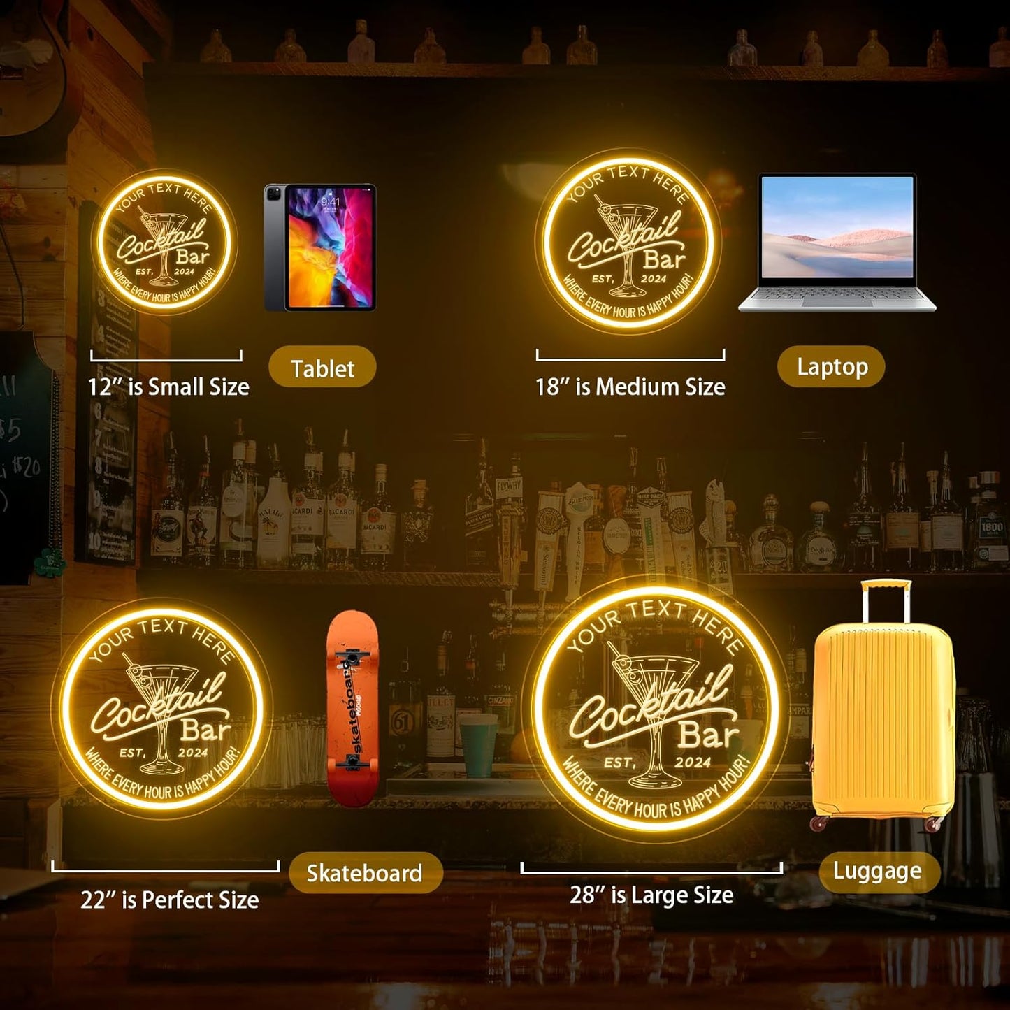 Personalized Cocktail Bar Neon Sign for Home Bar, Custom LED Neon Signs for Man Cave Pub Tavern Bistro Lounge Martini Wall Decor, Customized LED Light Up Signs for Men Dad Husband Gifts