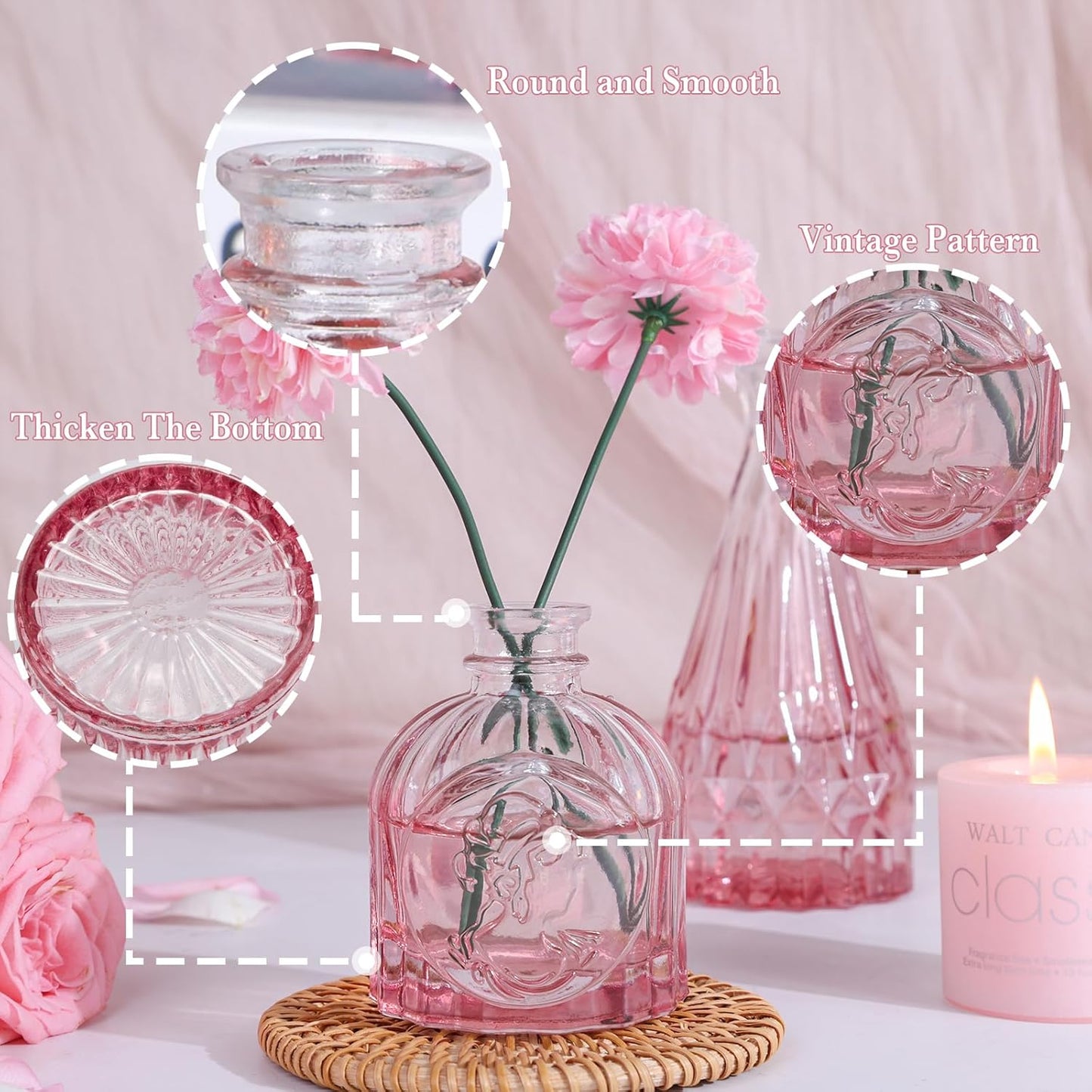 Pink Glass Bud Vases Set of 12, Mini Flower Vase for Centerpieces, Small Vases in Bulk for Wedding Decorations, Vintage Vase for Table, Home Décor