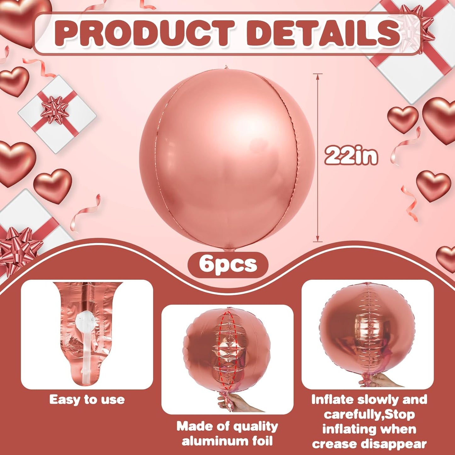 6Pcs Rose Gold Round Foil Balloons,Giant 4D Round Ball Balloons,22 Inch Metallic Rose Gold Balloon for Birthday Wedding Graduation Prom Party Decorations