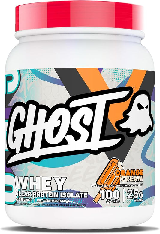 GHOST Clear Whey Isolate Protein Powder, Orange Cream - 1.4 LB Tub, 25G of Whey Protein - Post Workout Drink for Muscle Gain & Recovery – Sugar Free, Soy Free & Zero Fat, 20 Servings