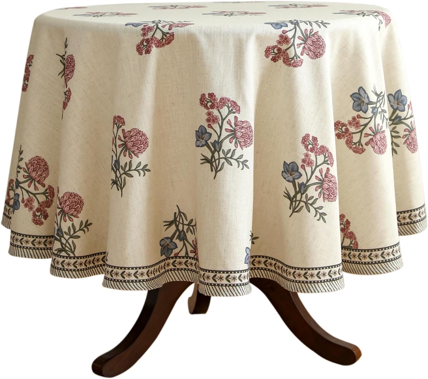 ISAENNE Designer Linen Light Beige Round Tablecloth,French Colorful Floral Table Cloth,Fall Stain Resistant Decor Tablecloths for Dining Thanksgiving Christmas Kitchen,Diameter 67"-Helena E