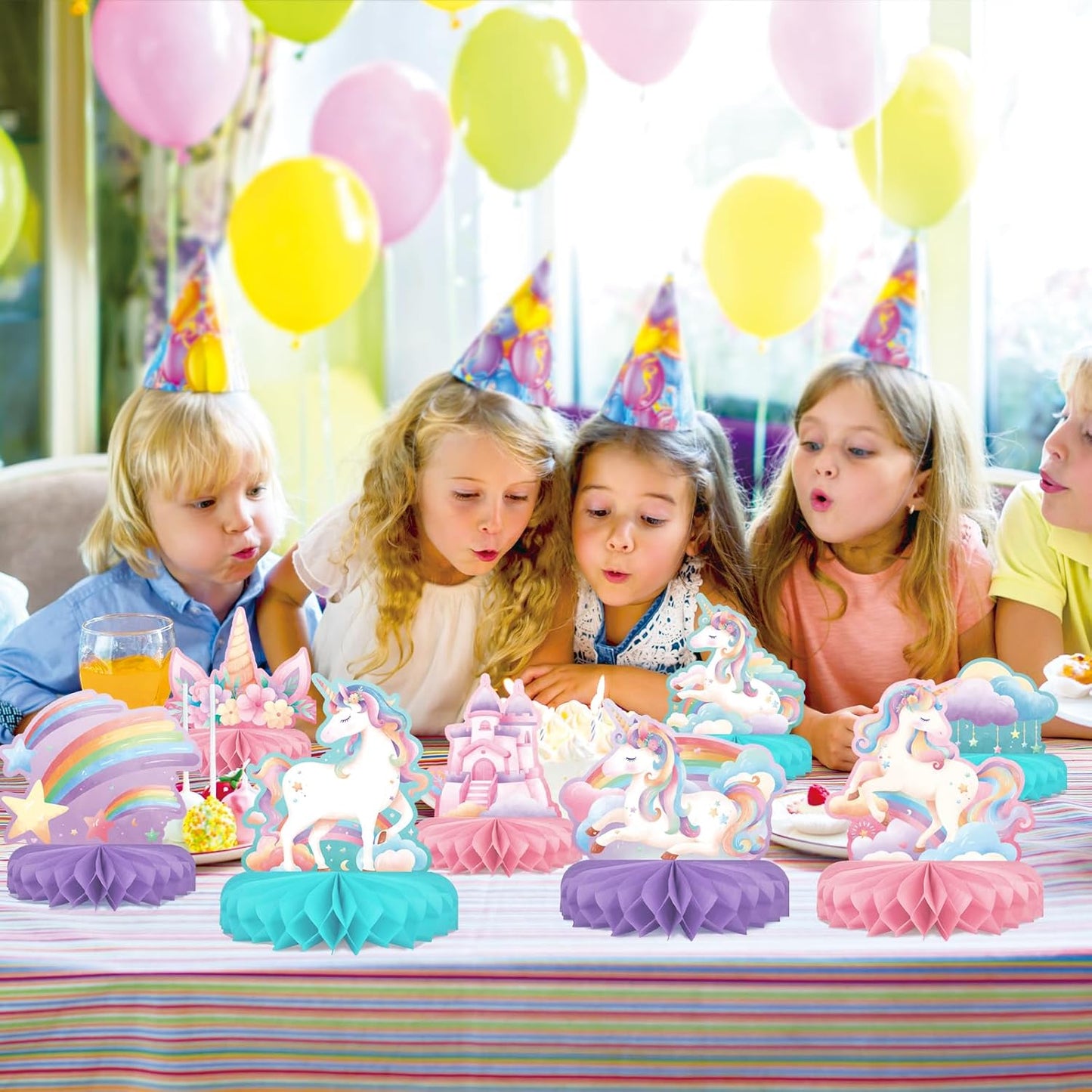 Unicorn Birthday Party Supplies Set - Rainbow Table Decorations with Honeycomb Centerpiece for Unicorn Party Decorations