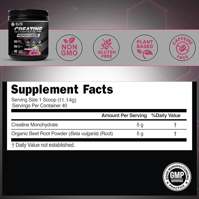 Elite Wellness Berry Flavor Creatine Monohydrate with Organic Beetroot Supplement - Supports Muscle Strength, Stamina, Cognitive Function & Athletic Performance, Gluten & Dairy Free, NSF Qualified