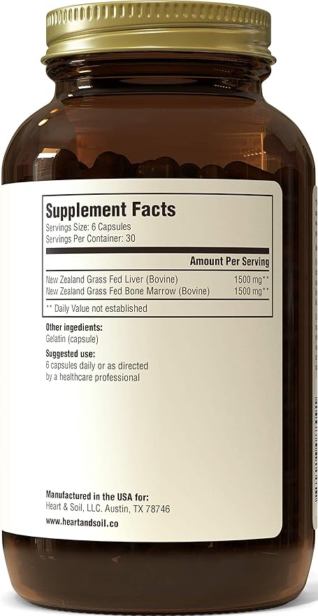 HEART & SOIL - Grass-Fed Bone Marrow and Beef Liver Supplement – 3000mg, Desiccated Organ Blend for Mood, Bone, Joint, Tissue, Skin Health - Non-GMO, Allergen-Free – 180 Capsules