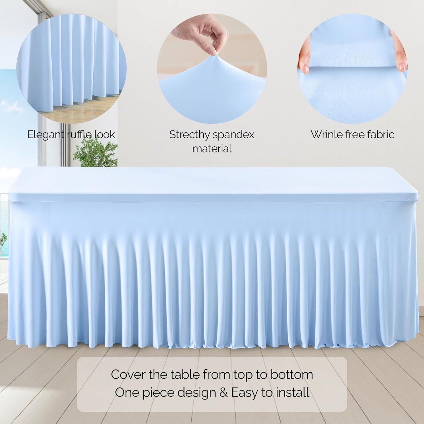 Wish Care 2 Pack Baby Blue Spandex Table Clothes for 8 Foot Rectangle Tables, 8FT Wrinkle Free Fitted Tablecloths Ruffles Design Table Cover for Party, Banquet, Wedding and Events