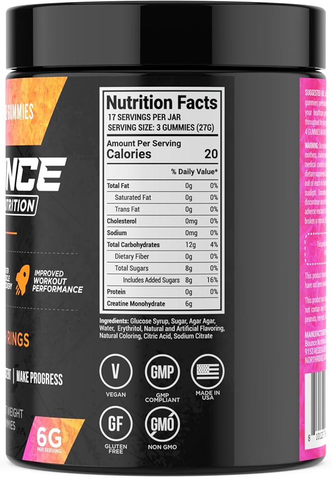 Bounce Pro Creatine Monohydrate Gummies for Men & Women, Low Calorie, 6G of Creatine per Serving, Vegan, Anti-Melting, Gluten-Free, Non-GMO, 2g of Creatine per Gummy (51ct, Peach Rings)