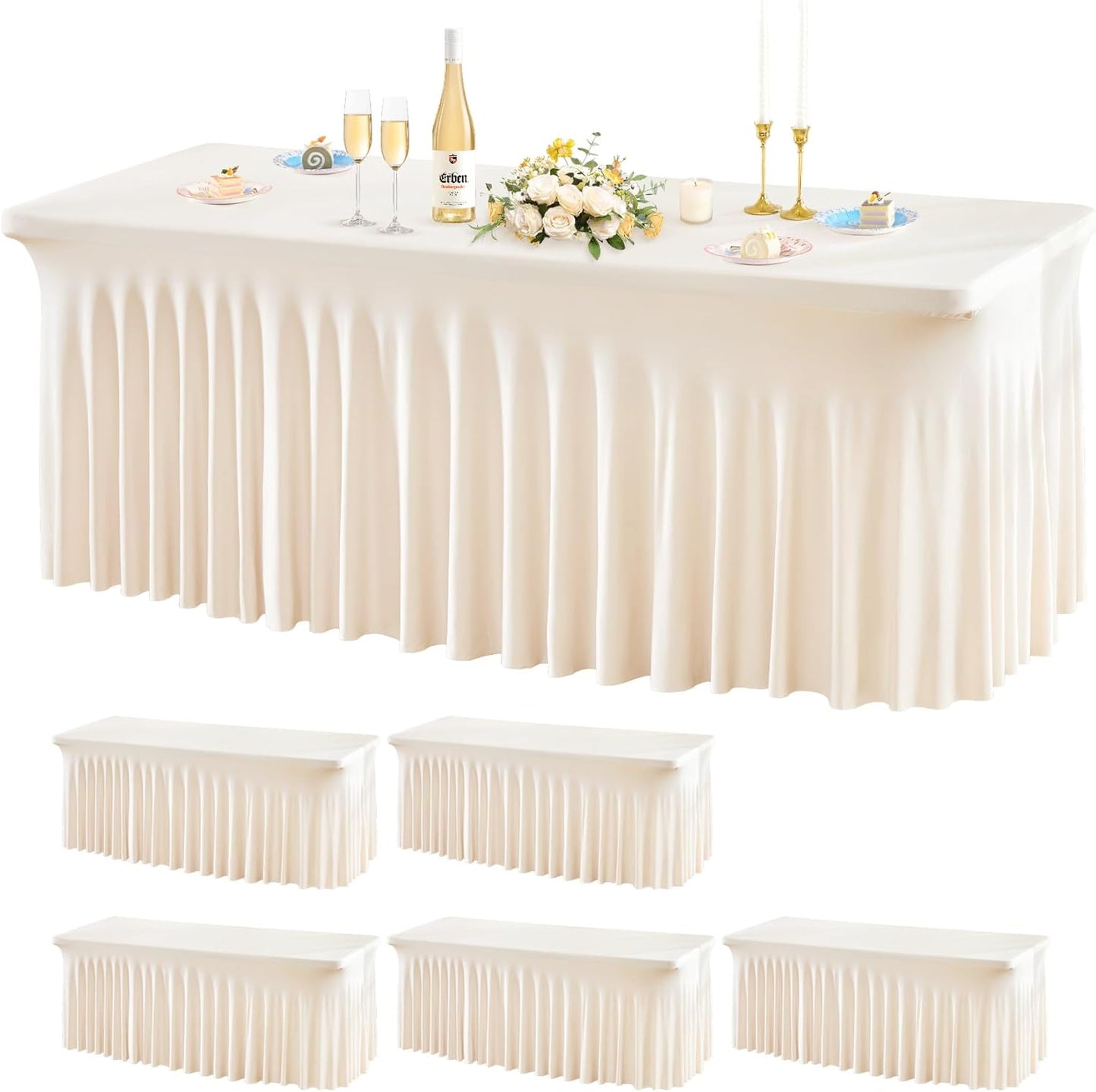 Wish Care 6 Pack Ivory Spandex Table Clothes for 6Foot Rectangle Tables, 6FT Wrinkle Free Fitted Tablecloths Ruffles Design Table Cover for Party, Banquet, Wedding and Events
