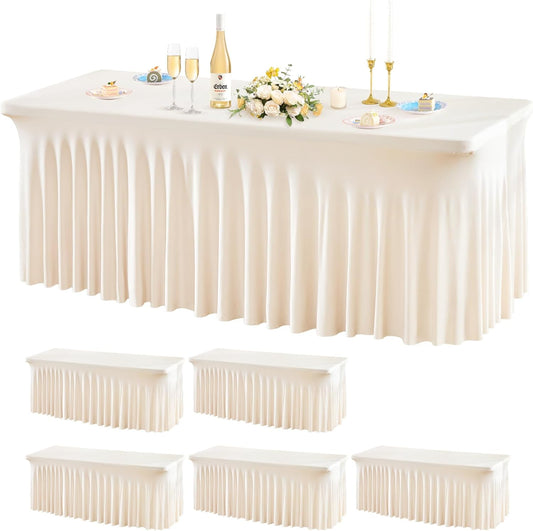 Wish Care 6 Pack Ivory Spandex Table Clothes for 6Foot Rectangle Tables, 6FT Wrinkle Free Fitted Tablecloths Ruffles Design Table Cover for Party, Banquet, Wedding and Events
