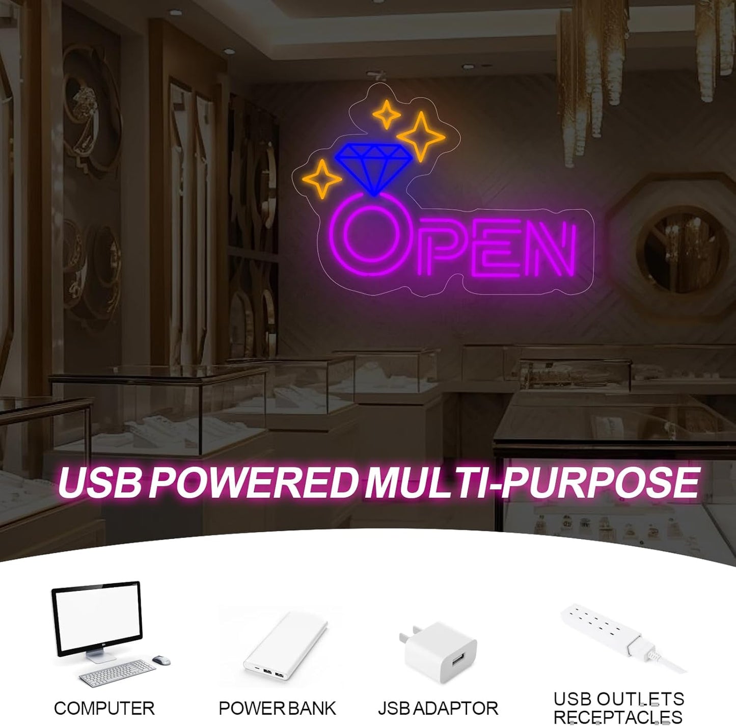 Diamond Open Indoor Neon Sign For Jewelry Store Custom Led Neon Sign Business Decor Store Decor Diamond LED Light Wall Art Decoration, 16.5"x11", Purple