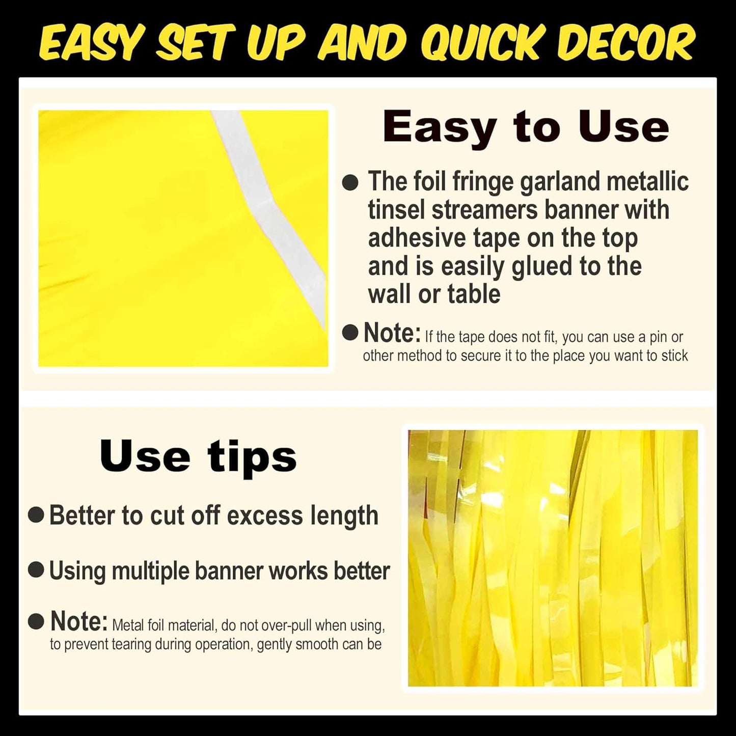 6 Pack 10 Ft Macaron Yellow Foil Fringe Garland Metallic Streamers Tinsel Banner Wall Hanging Garland Backdrop for Parade Floats, Halloween, Christmas, Thanksgiving, New Year Party Decorations