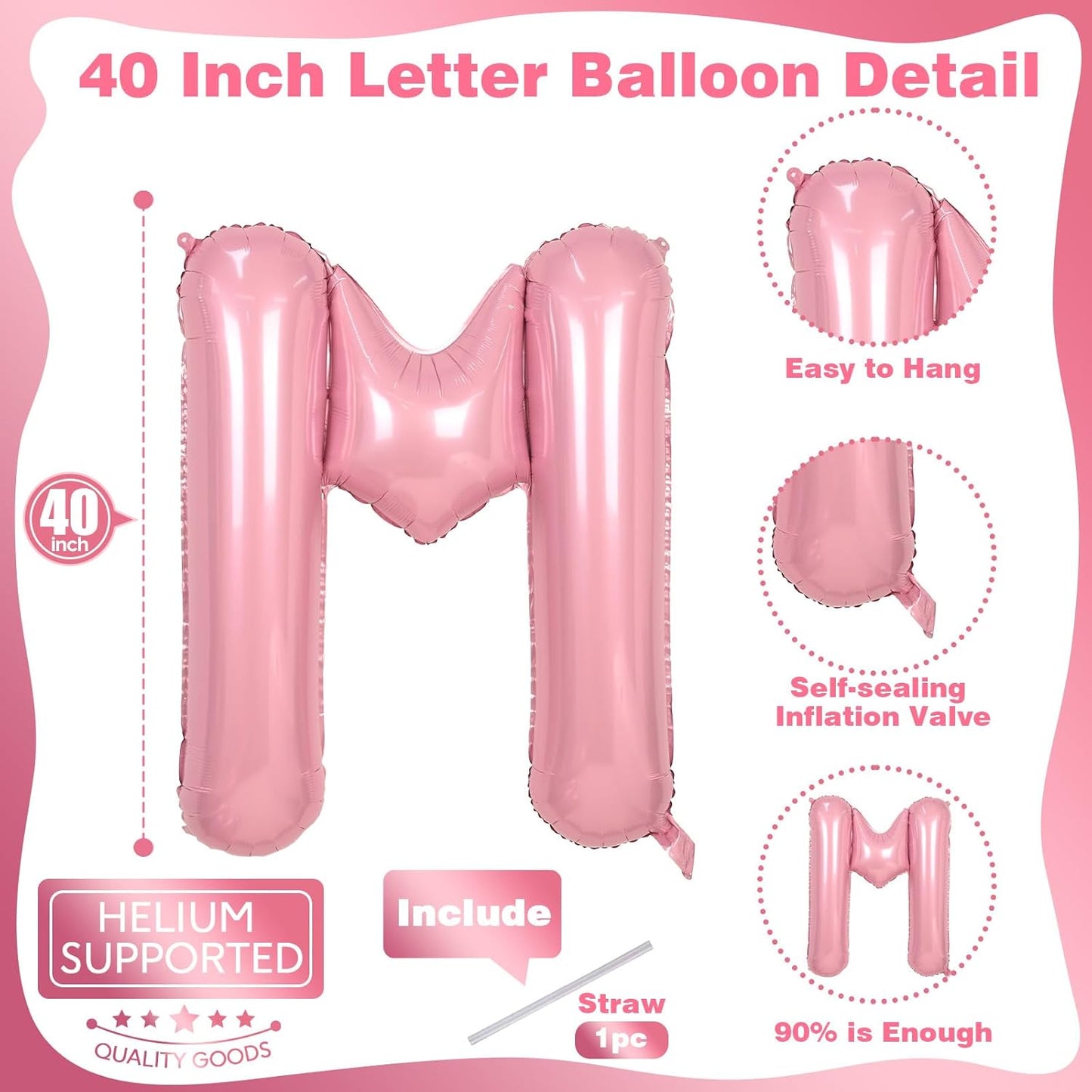 40 Inch Pastel Pink Letter Balloon, Giant Alphabet M Foil Balloons Baby Pink, Self Inflating Balloon Pearl Pink Letters M, Mylar Letter Customize Balloons for Girl Birthday Party Decorations Supplies