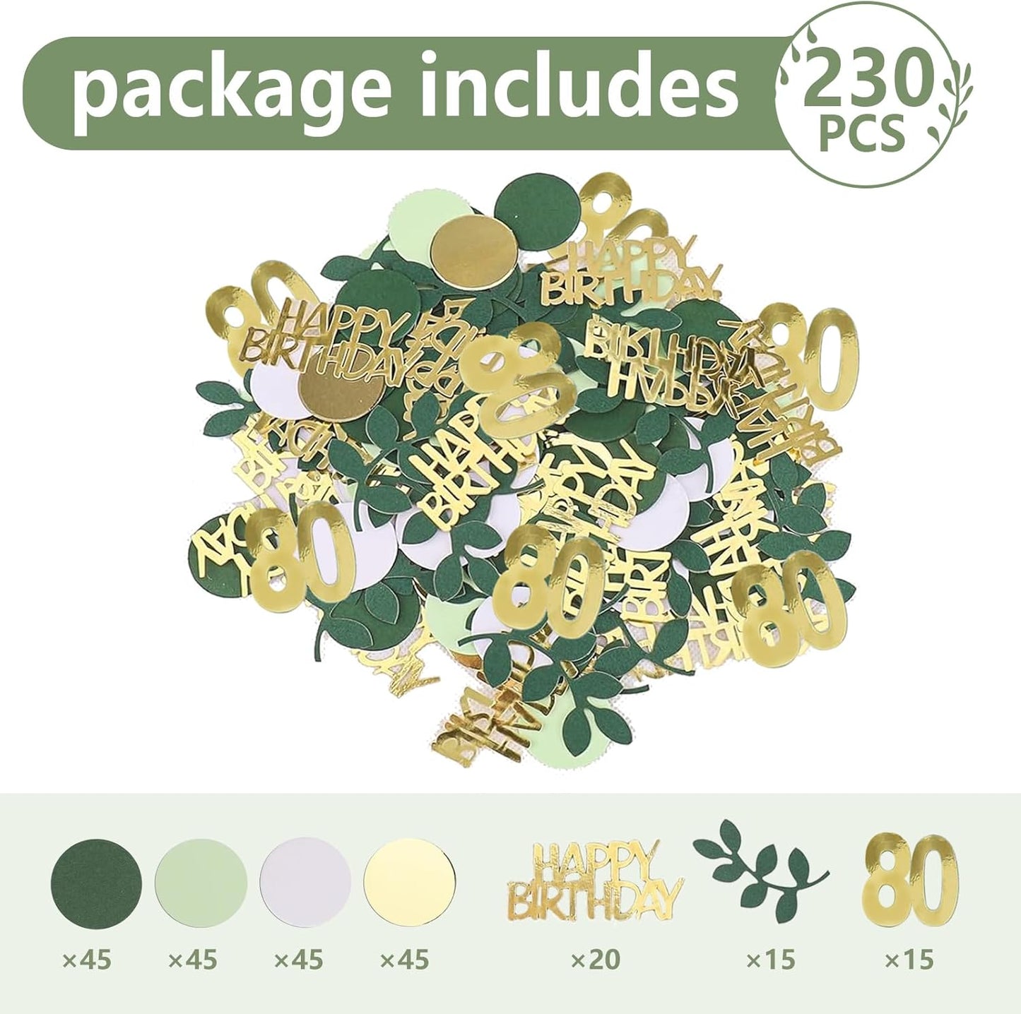 Sage Green 80th Happy Birthday Confetti, 80th Birthday Table Decorations Scatter Green Gold Foil Cake Confetti Decorations for 80 Bday Women Men Party Decor 230 Pcs