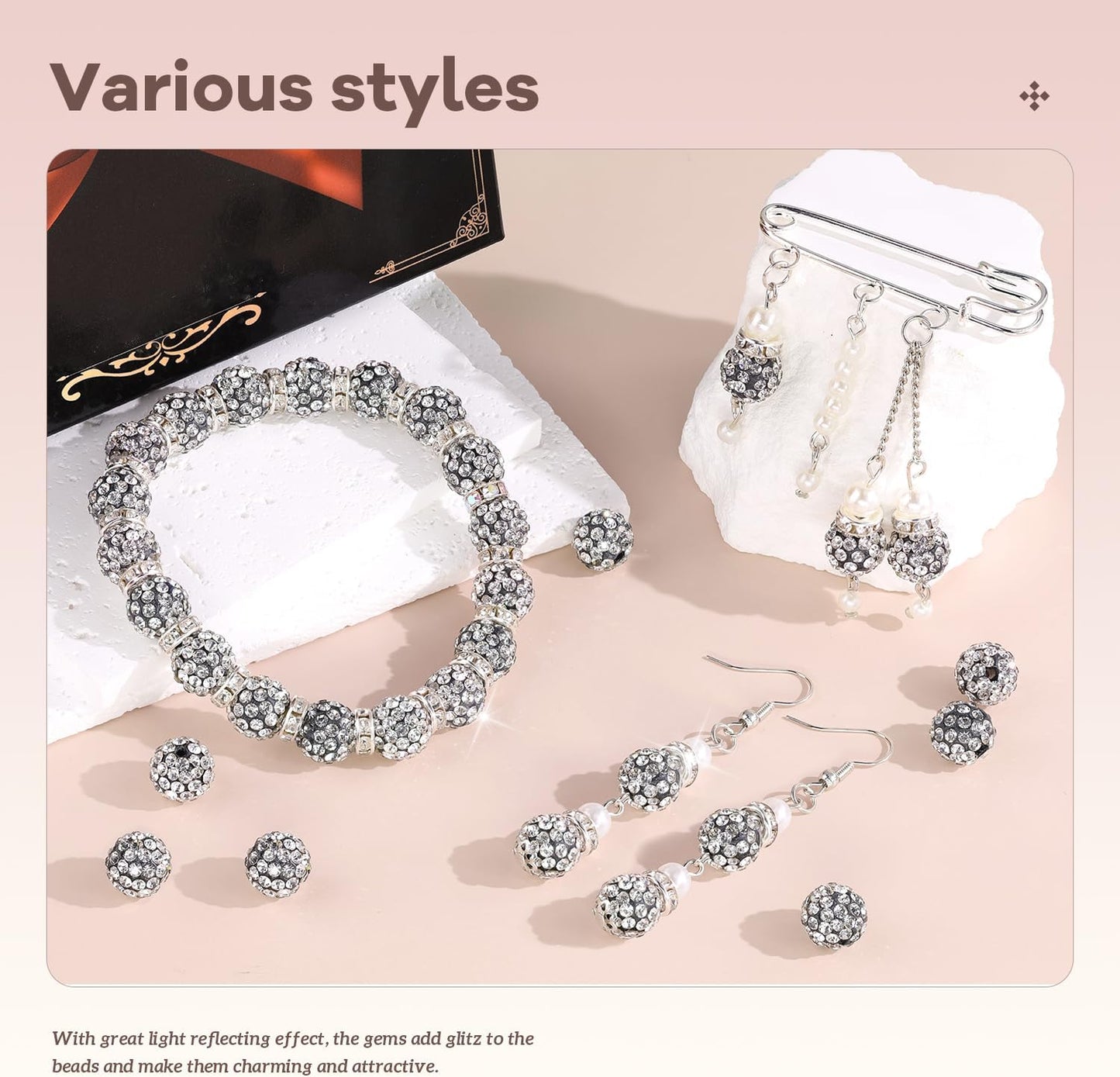 160pcs 10mm Rhinestone Beads for Jewelry Making, Black White Shiny Round Disco Ball Beads Bulk, Sparkle Crystal Clay Christmas for Bracelet Baseball Necklace Earring Crafting and DIY