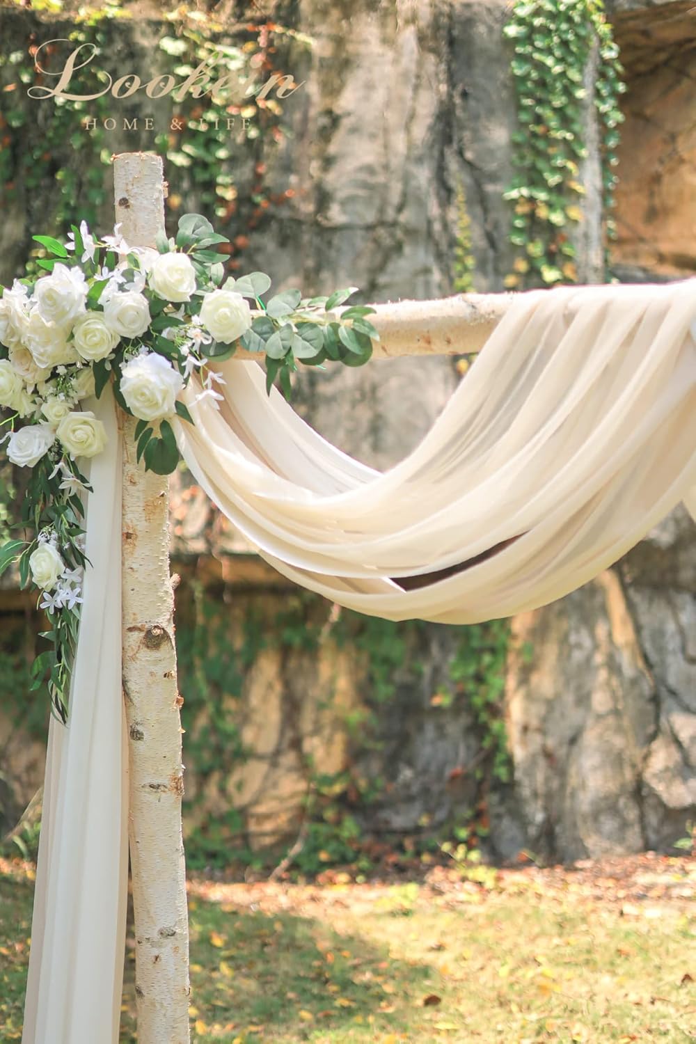 Lookein Chiffon Arch Fabric Drapes for Wedding Arbor Ceremoney Backdrop Decoration Stair Swag, 3 Panels 30" Wide 6 Yards, Cream & Nude