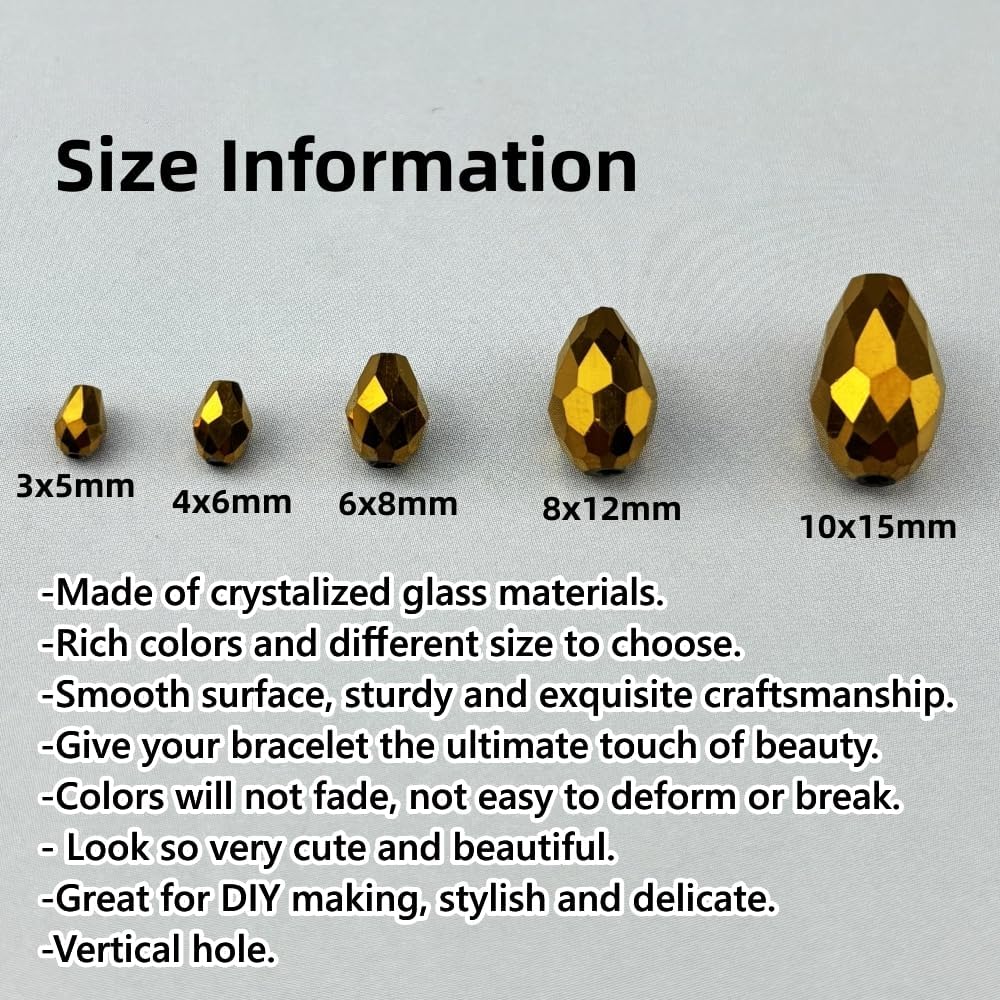 200pcs 3x5mm Teardrop Crystal Glass Beads for Jewelry Making, Faceted Vertical Hole Teardrop Glass Spacer Beads for Wind Chimes Bracelet Earring Necklace DIY Craft(Gold)