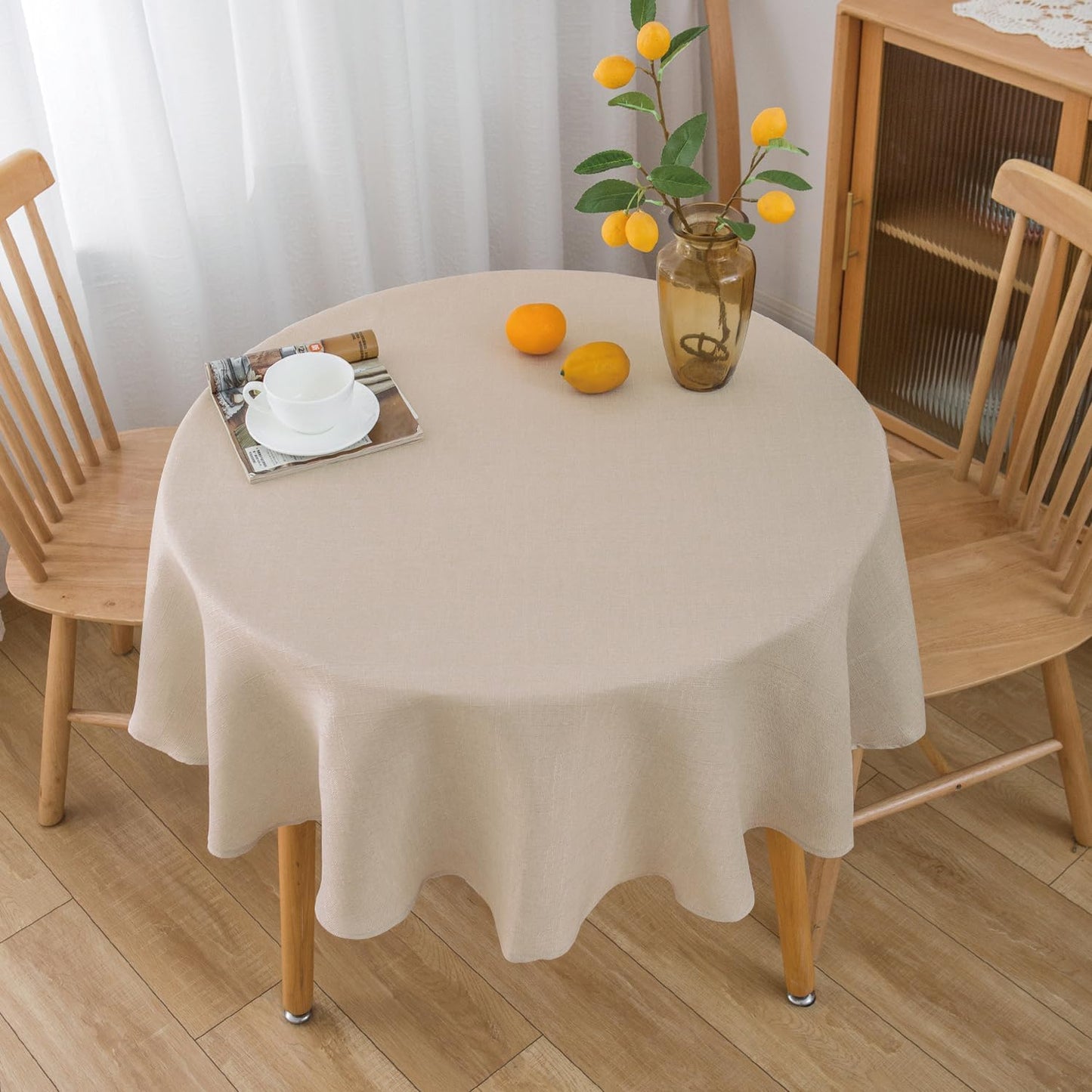 NLMUVW Round Linen Tablecloth 48 Inch - Textured Table Cloth Water Resistant Farmhouse Burlap Rustic Table Cover for Kitchen Dining Café,Champagne