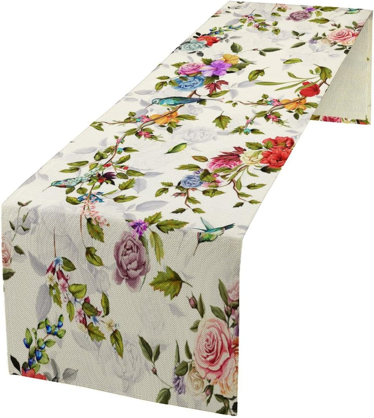 Vintage Bird Flower Table Runner Seasonal Spring Summer Garden Plants Farmhouse Country Kitchen Dinner Runner Dining Table Decoration for Home Party Holiday 13"x108"