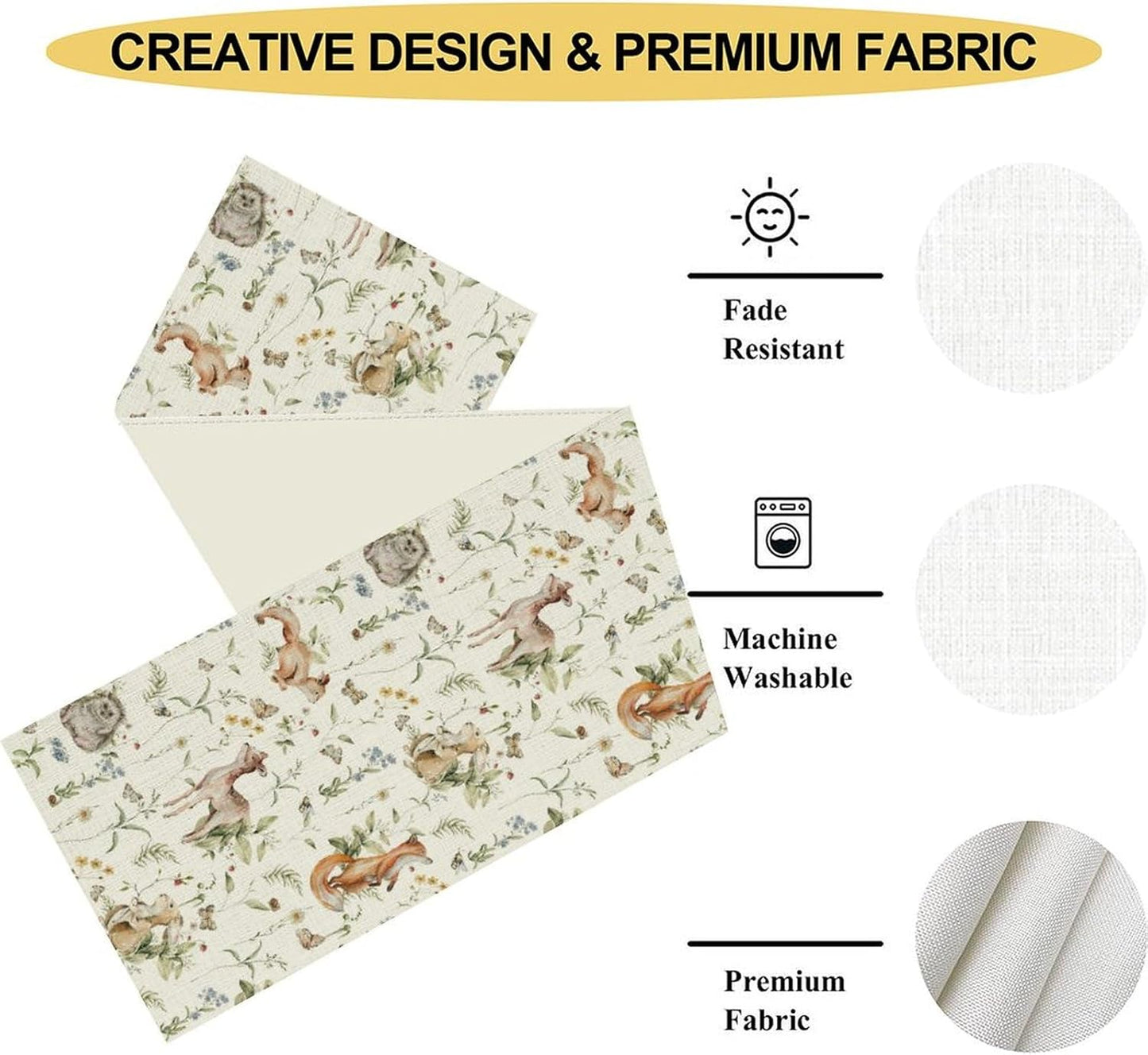 Rustic Forest Table Runner, Farmhouse Wild Woodland Animals Country Deer Fox Rabbits Watercolor Table Center Decor for Home Kitchen Dining Patio Holiday Party Outdoor Table Decorations, 13"x36" Inch