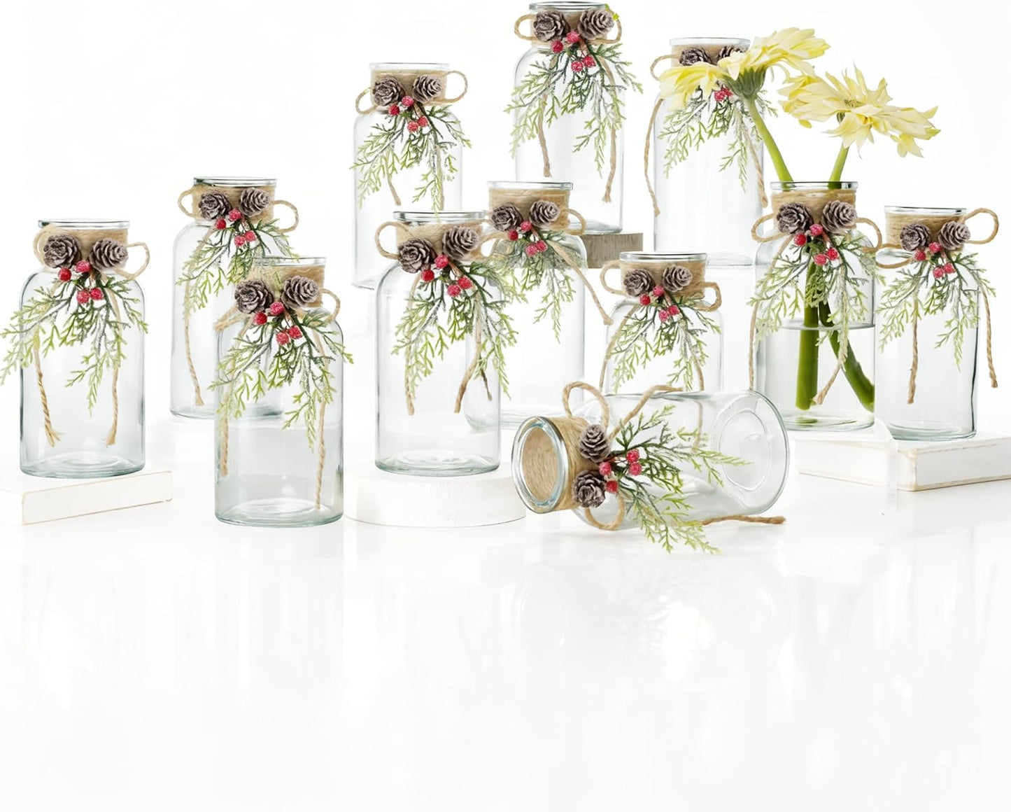 Set of 12 Xmas Decor Vases Christmas Centerpieces for Tables Farmhouse Holiday Table Decor Clear Glass Vases with Twine Ties for Christmas Decorations