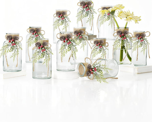Set of 12 Xmas Decor Vases Christmas Centerpieces for Tables Farmhouse Holiday Table Decor Clear Glass Vases with Twine Ties for Christmas Decorations