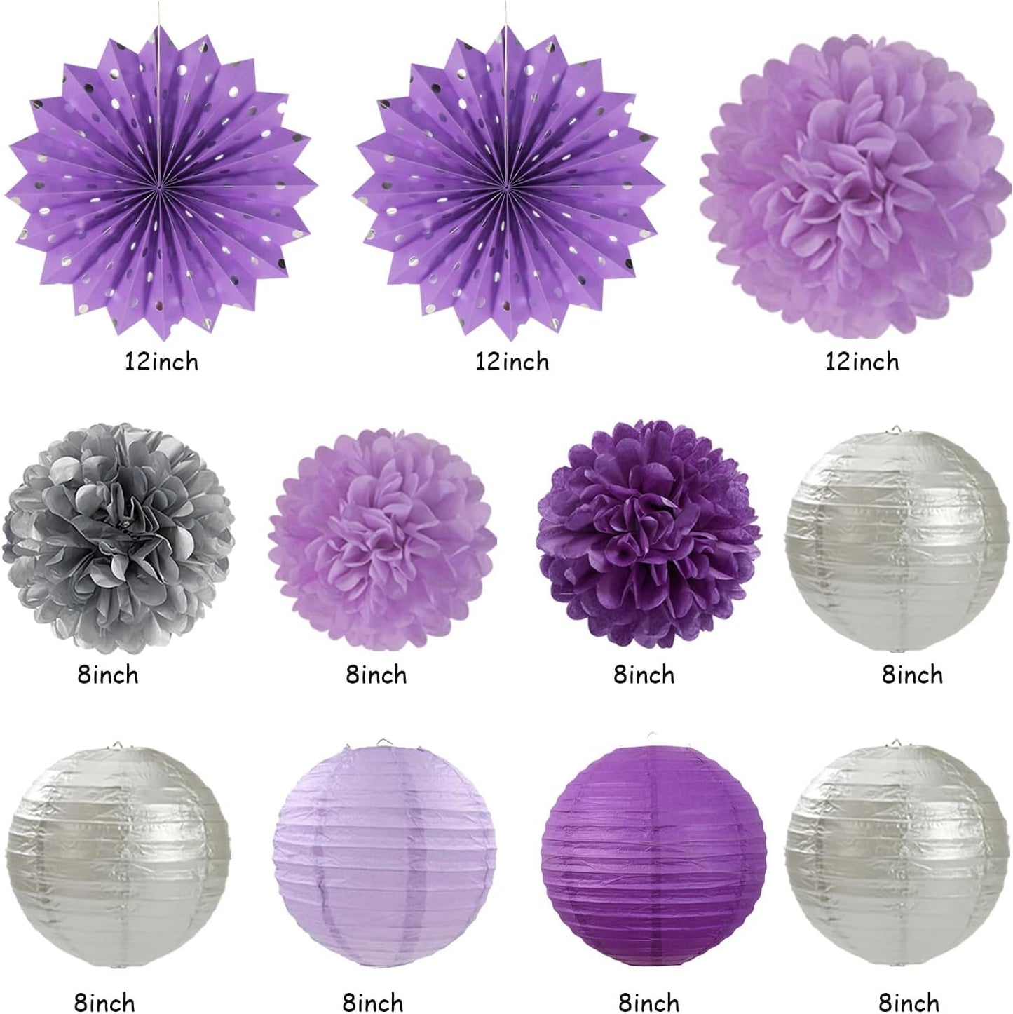 Purple Lilac-Lavender Silver Women Birthday Party-Decorations - 21pc Happy Banner,Paper Lanterns Streamers,Tissue Pom Poms Honeycomb Flower Fan, Girls Hanging Decor Supplies Garland Backdrop Huglony
