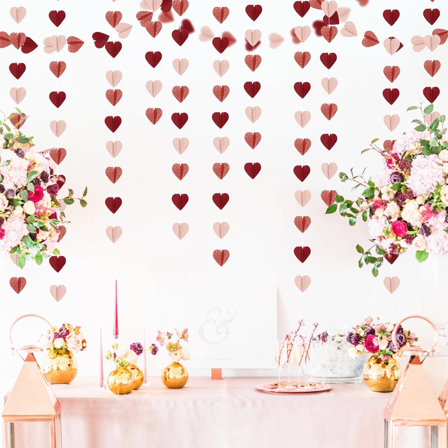 Rose-Gold Pink Burgundy-Red 3D-Heart Garland - 39Ft Party Decorations Hanging Paper Streamers Banner,Engagement Wedding Bachelorette Baby Bridal Shower Decor Ouruola