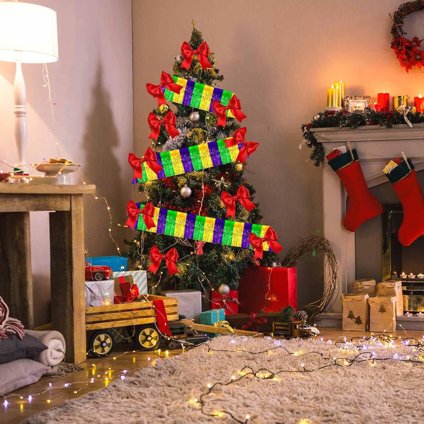 3 Pack 10 Long Gold Green Purple Metallic Foil Fringe Garland Wall Hanging Tassle Banner, Mother's Day, Easter, Parade Floats, Birthday, Theme Party, Wedding Party Decorations