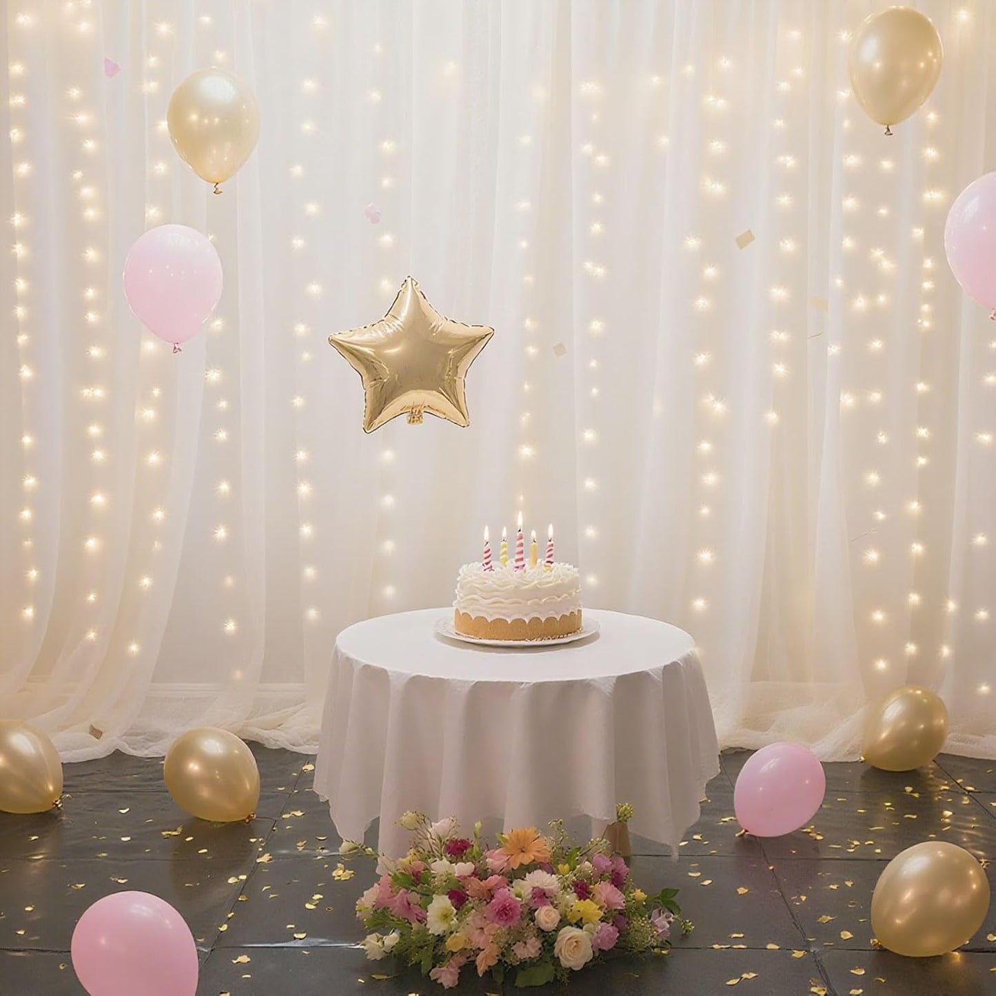 10×8ft Tulle Backdrop Curtains with Lights String - 300LED Fairy Lights Sheer Curtain Backdrop for Weddings Baby Shower and Birthday Party Decorations(4 Panels 5×8ft)