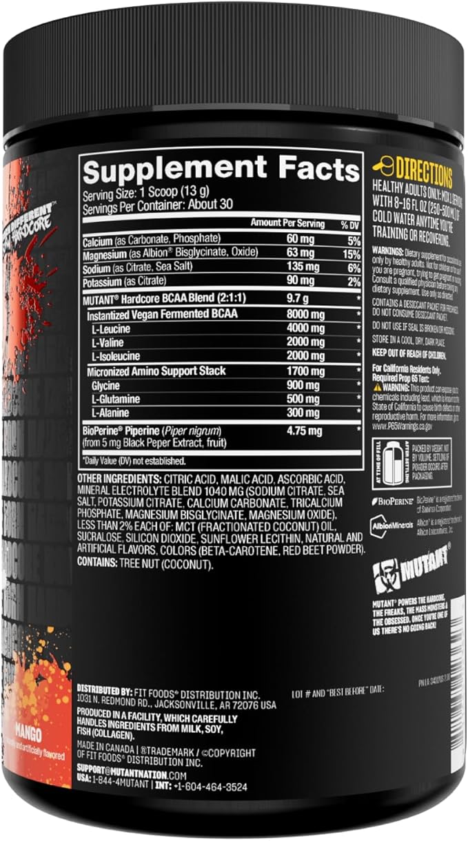 Mutant Hardcore BCAA - Pre, Intra or Post Workout – BCAA Next Level branched-Chain Amino Acids Supplement – Hydration + Recovery - 30 Serving - Mango