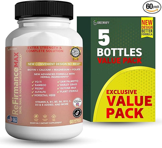 ReFirmanceMax Hair Growth Supplement, 60 Capsules, with Biotin 5000mcg, Vitamins B12, Calcium, Saw Palmetto, 30 Day Supply (5)