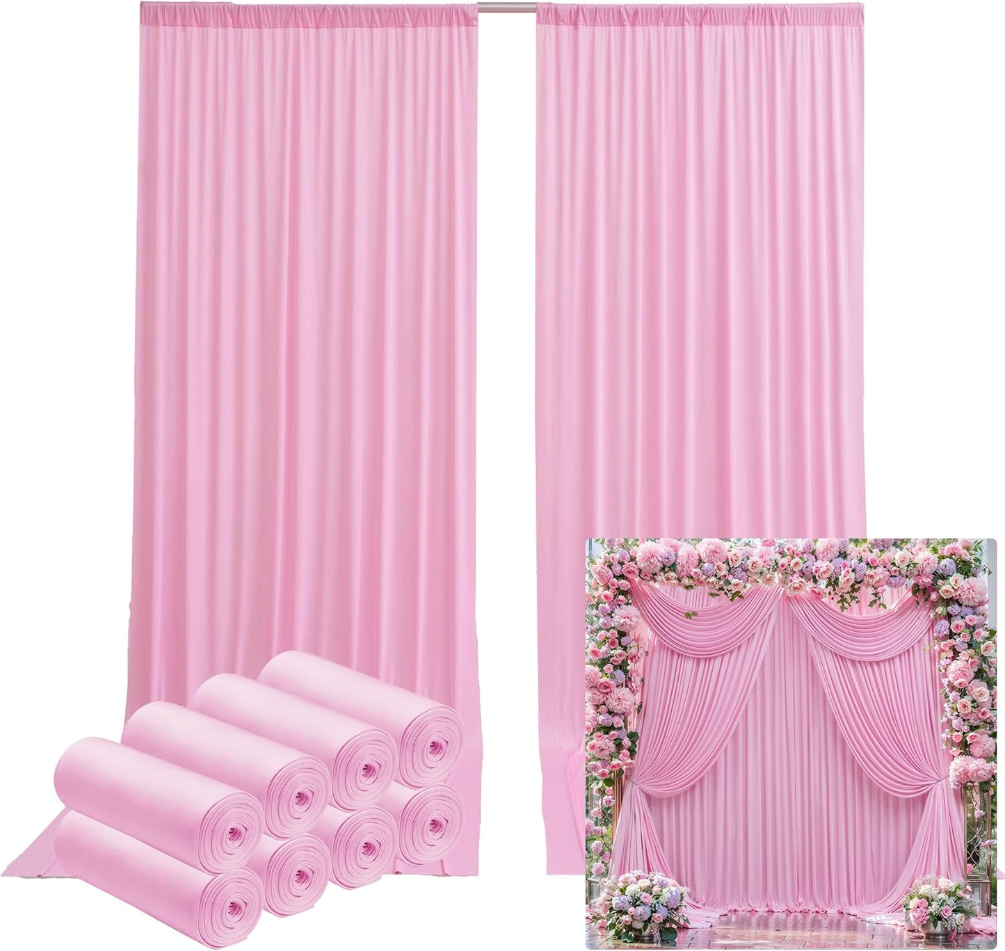 40ftx12ft Wrinkle Free Pink Backdrop Curtain, 8 Panels 12FT Height Pink Wedding Backdrop Drapes, Silky Polyester Back Drop Cloth for Birthday Photography Background Party Backdrop Draping