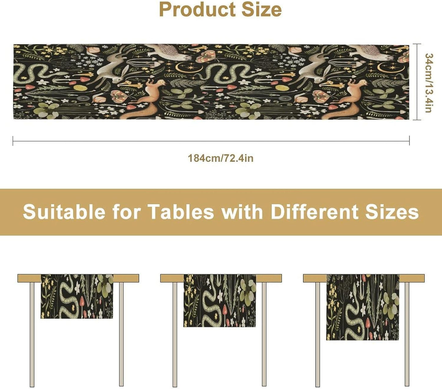 Mushroom Table Runner,Vintage Boho Forest Wild Animal Wildflower Botanical Plants Pattern Print Burlap Hotel Indoors Outdoor Dining Room Kitchen Holiday Party, 13x36in