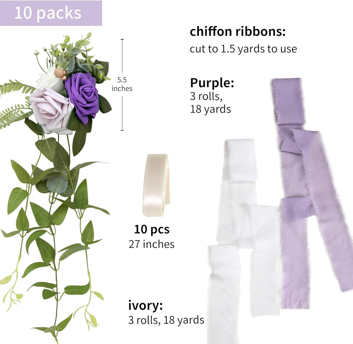 DORIS HOME Wedding Chair Decorations Purple Pew Flowers Set of 10 for Wedding Ceremony Party Aisle Decor with Artificial Flowers Eucalyptus and Ribbons