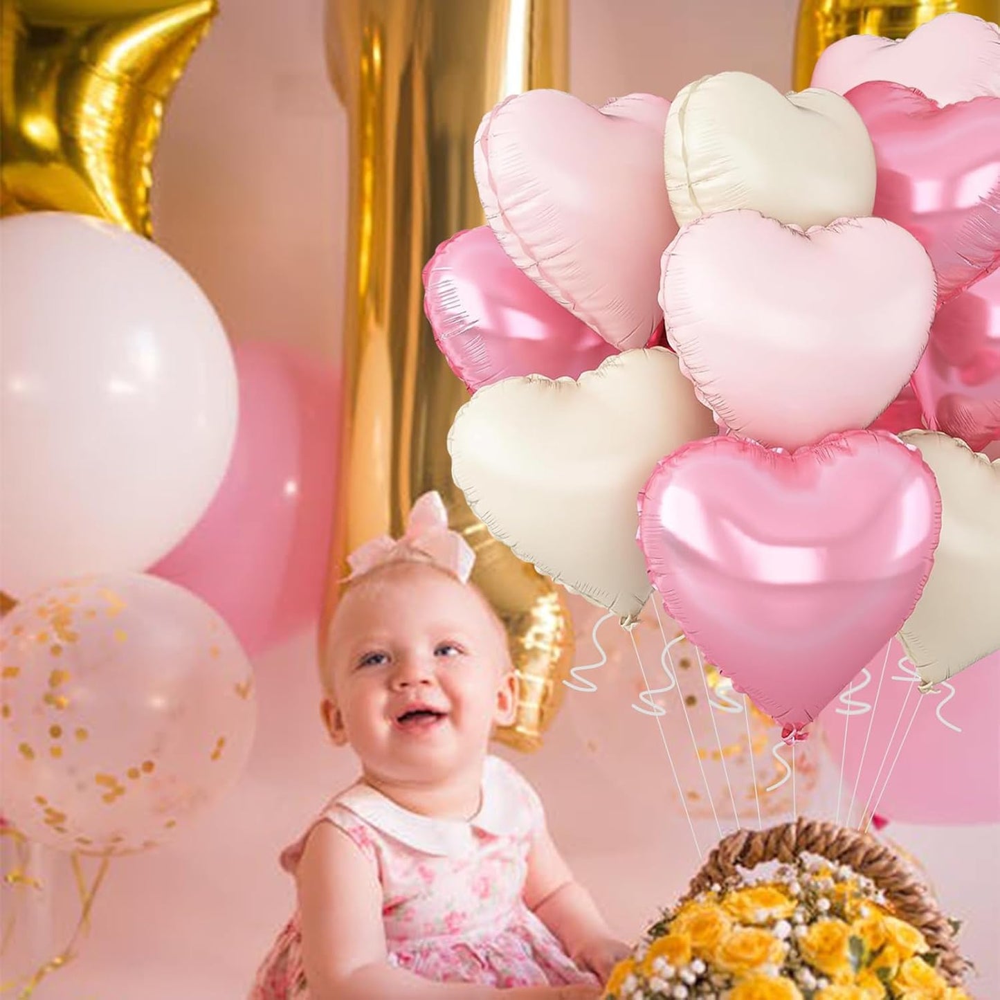 Pink Heart Balloons,18inch Bright Pink Heart Shaped Foil Balloons & Pastel White Helium Mylar Balloon for Anniversary Wedding Engagement Birthday Party Baby Shower Decorations(12Pcs)