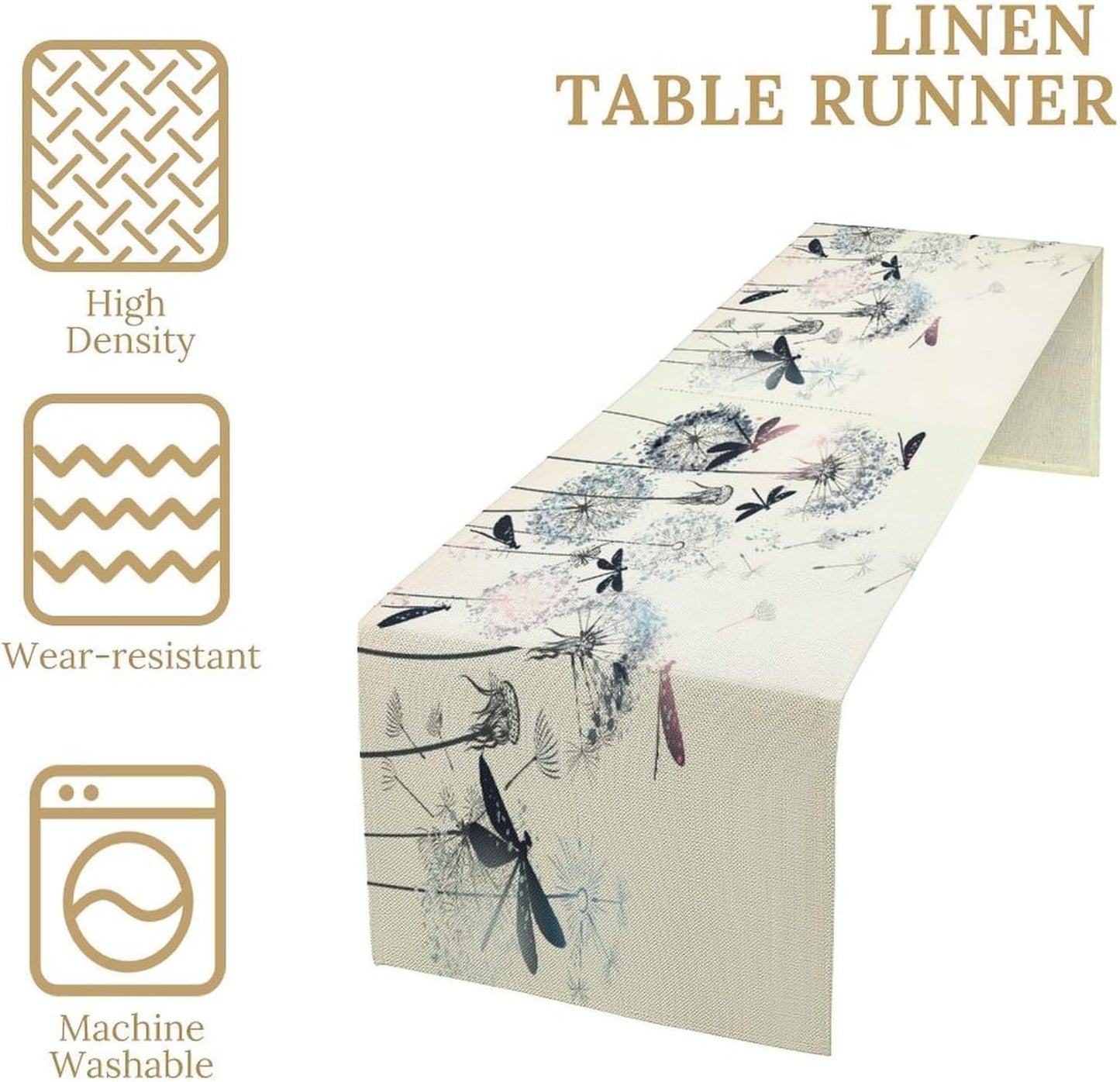 Dandelion Table Runner,Nature Rustic Dragonfly Teal Blue Floral Pattern Print Burlap Tablecloth for Hotel Indoors Outdoor Dining Room Kitchen Table Decor, 13x70in