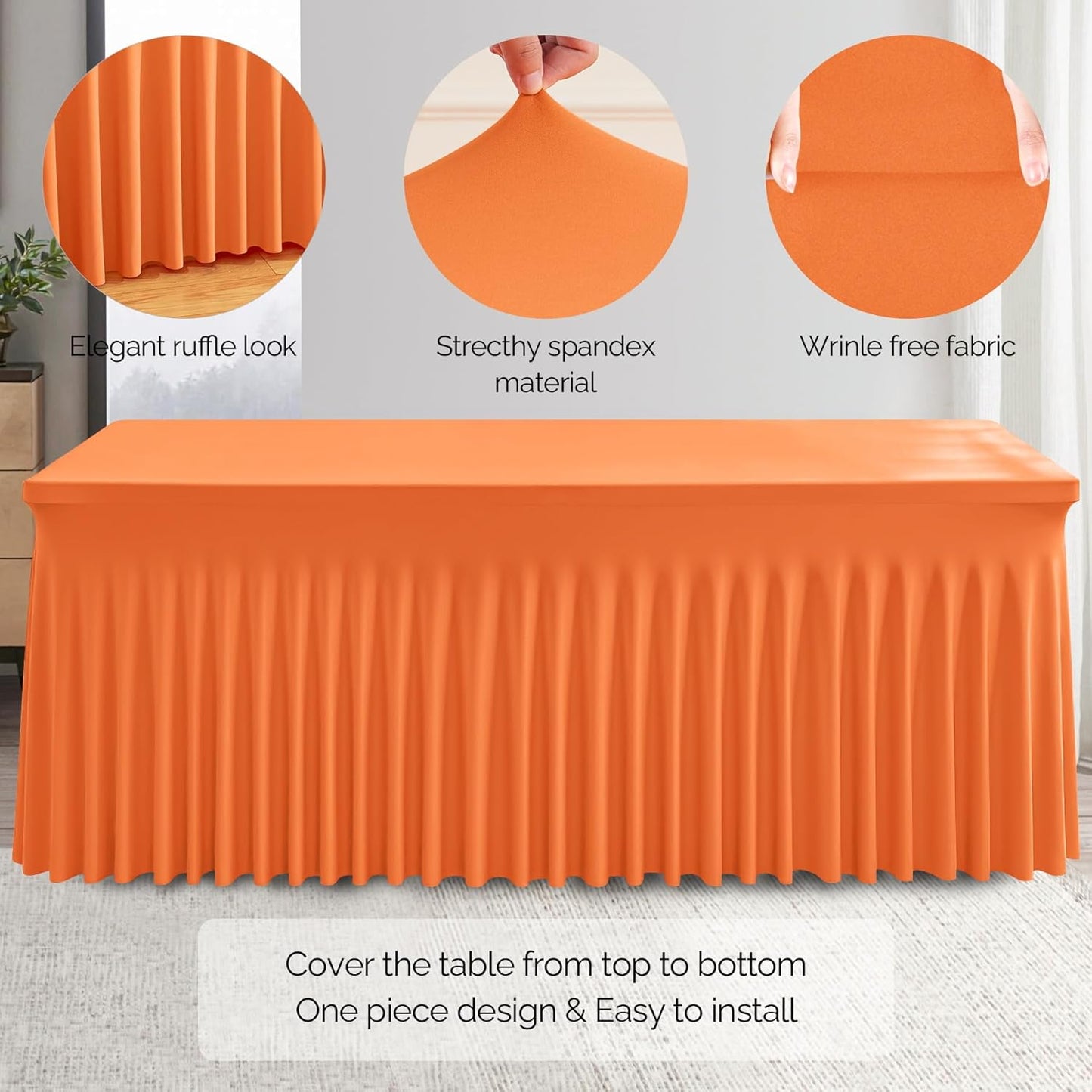 Wish Care 6 Pack Orange Spandex Table Clothes for 8 Foot Rectangle Tables, 8FT Wrinkle Free Fitted Tablecloths Ruffles Design Table Cover for Party, Banquet, Wedding and Events