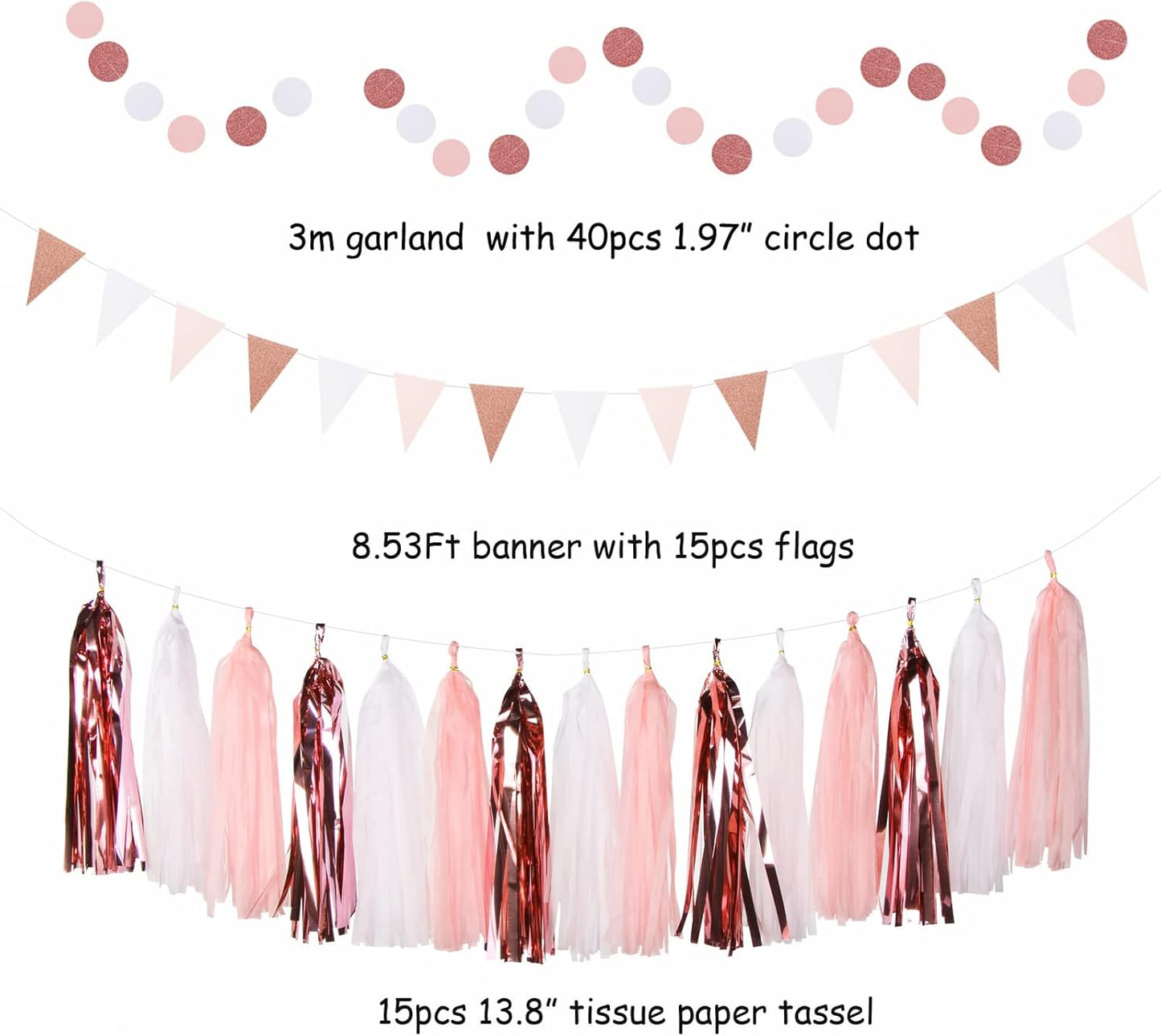 Rose-Gold Pink-White Graduation Party-Decorations - 33pcs Banner,Streamers Tassel Garland,Tissue Pom Poms Honeycomb,Paper Lantern Fan,Birthday Wedding Bridal Baby Shower Bachelorette Engagement Hugtmr