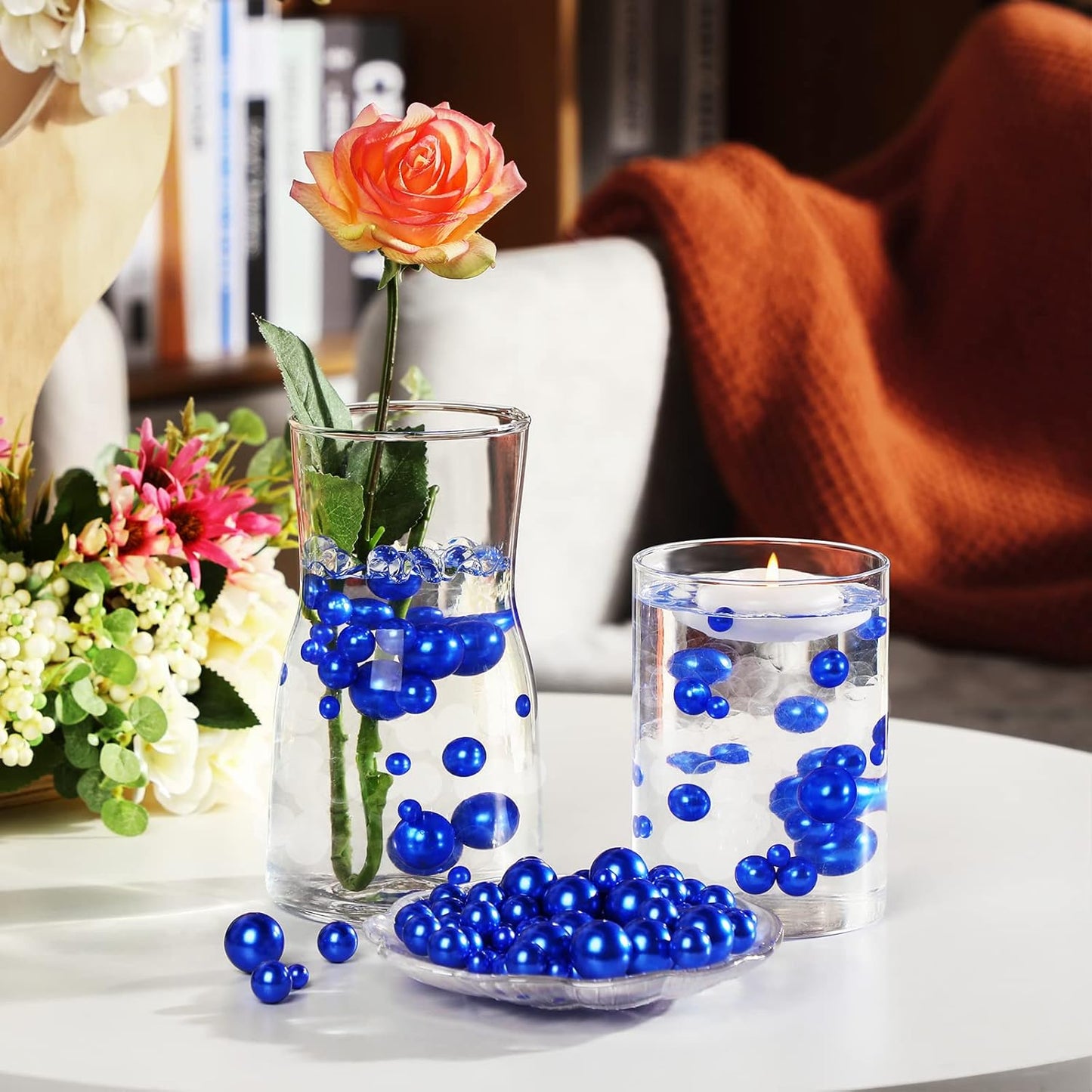 150 Pieces Vase Filler Faux Pearls Vase Makeup Beads No Hole Gloss Bead Mixed Sizes Round Pearl for Home Party Wedding Decor, 8/14/20 mm(Royal Blue)