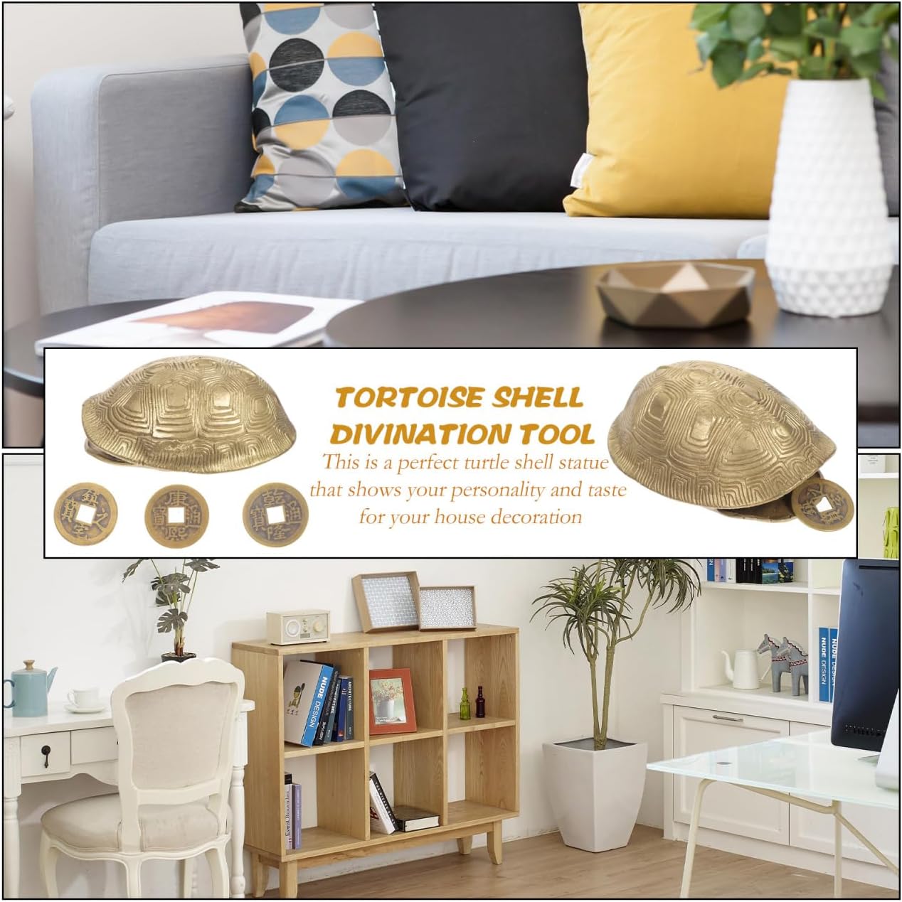 1 Set Chinese Feng Shui Coins Divination Turtle Shell Good Luck Fortune Coin Copper Crafts Turtle Statue I- Ching Coins for Health Wealth Home Ornament Golden