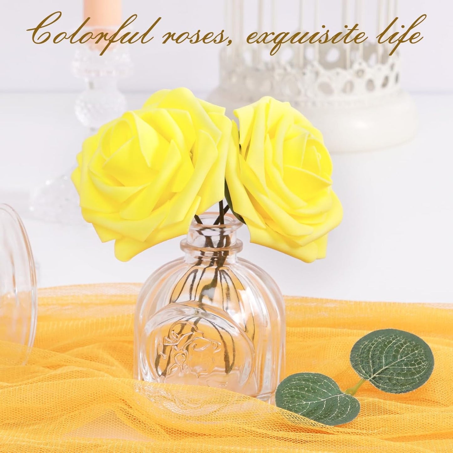 BLEUM CADE 16Pcs Artificial Flowers Fake Roses with Stems, Yellow Boxed Foam Roses for DIY Bouquets Centerpieces Wedding Party Arrangement Bridal Shower Decor