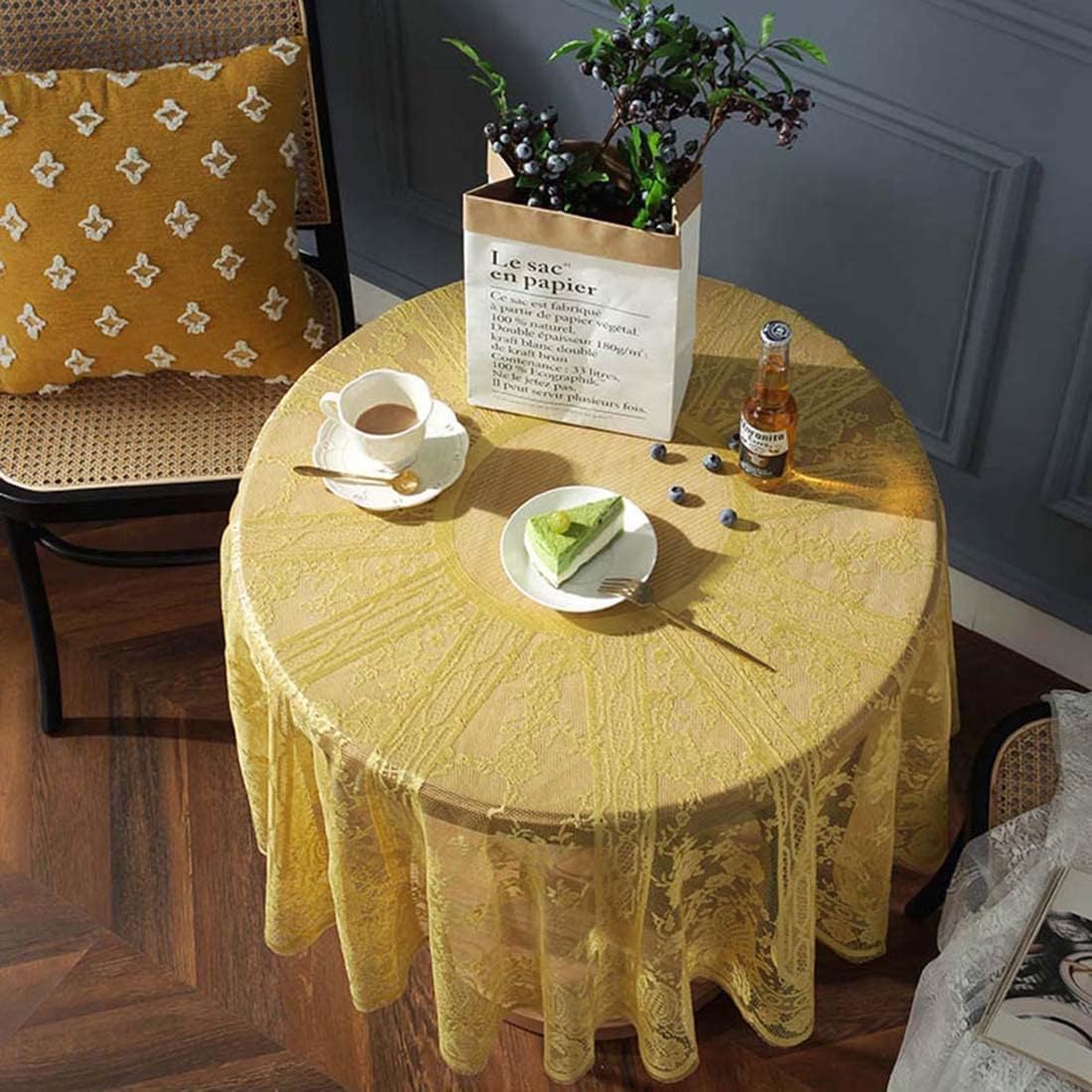 Vintage 60 inch Yellow Lace Tablecloth Floral Embroidered Boho Shabby Chic Small Table Cover for Wedding Halloween Party Dinning Holiday, 1 Piece